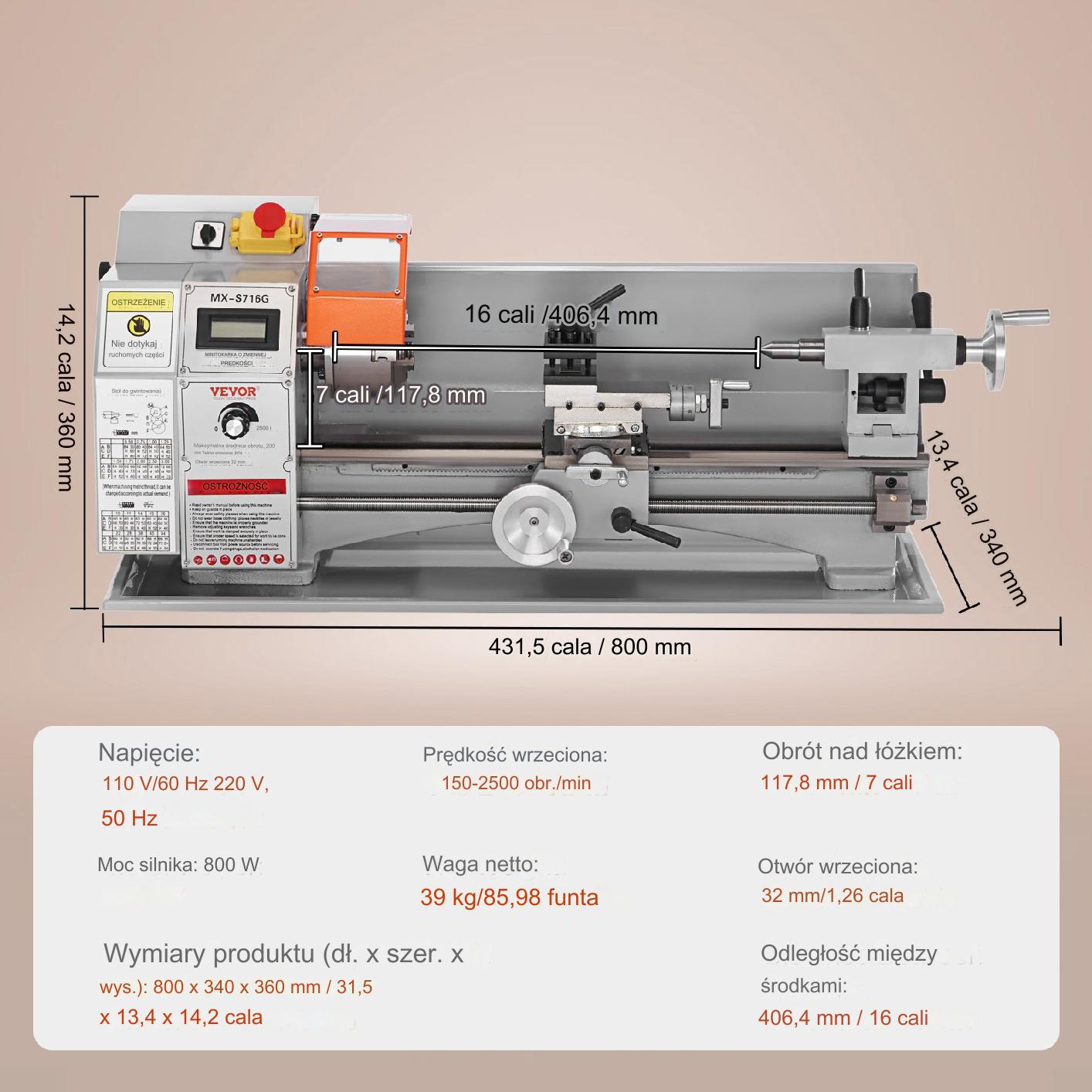 Tokarka do metalu stołowa precyzyjna 180x400 mm 800W 150-2500 RPM - obrazek 2