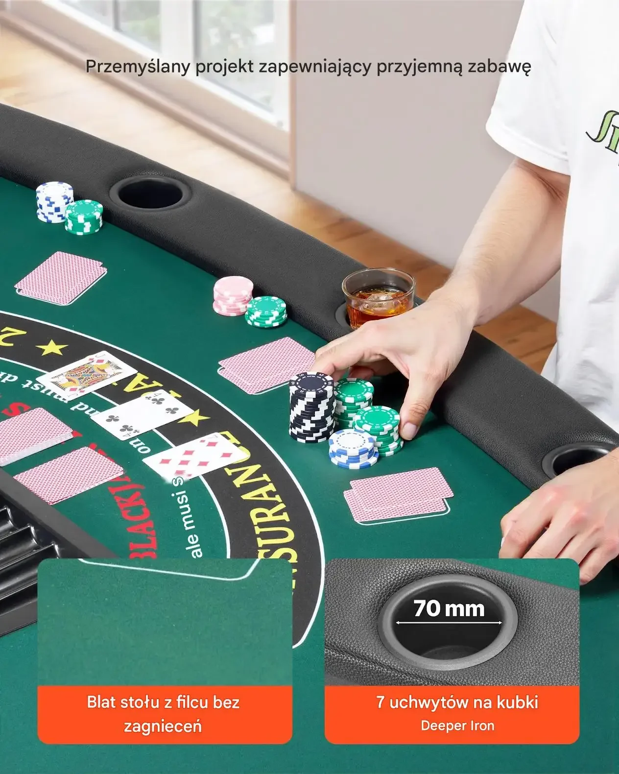 Stół do pokera składany zielony 7 graczy 183 cm Texas Holdem z uchwytami - obrazek 6