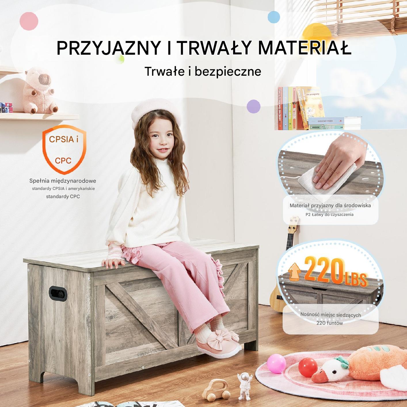 Duża drewniana skrzynia na zabawki Pufa Kufer na Zabawki Siedzisko szara - obrazek 5