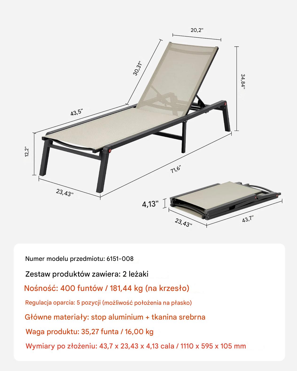 Leżaki ogrodowe 2 szt regulowane 5 pozycji aluminiowe składane taras ogród - obrazek 2
