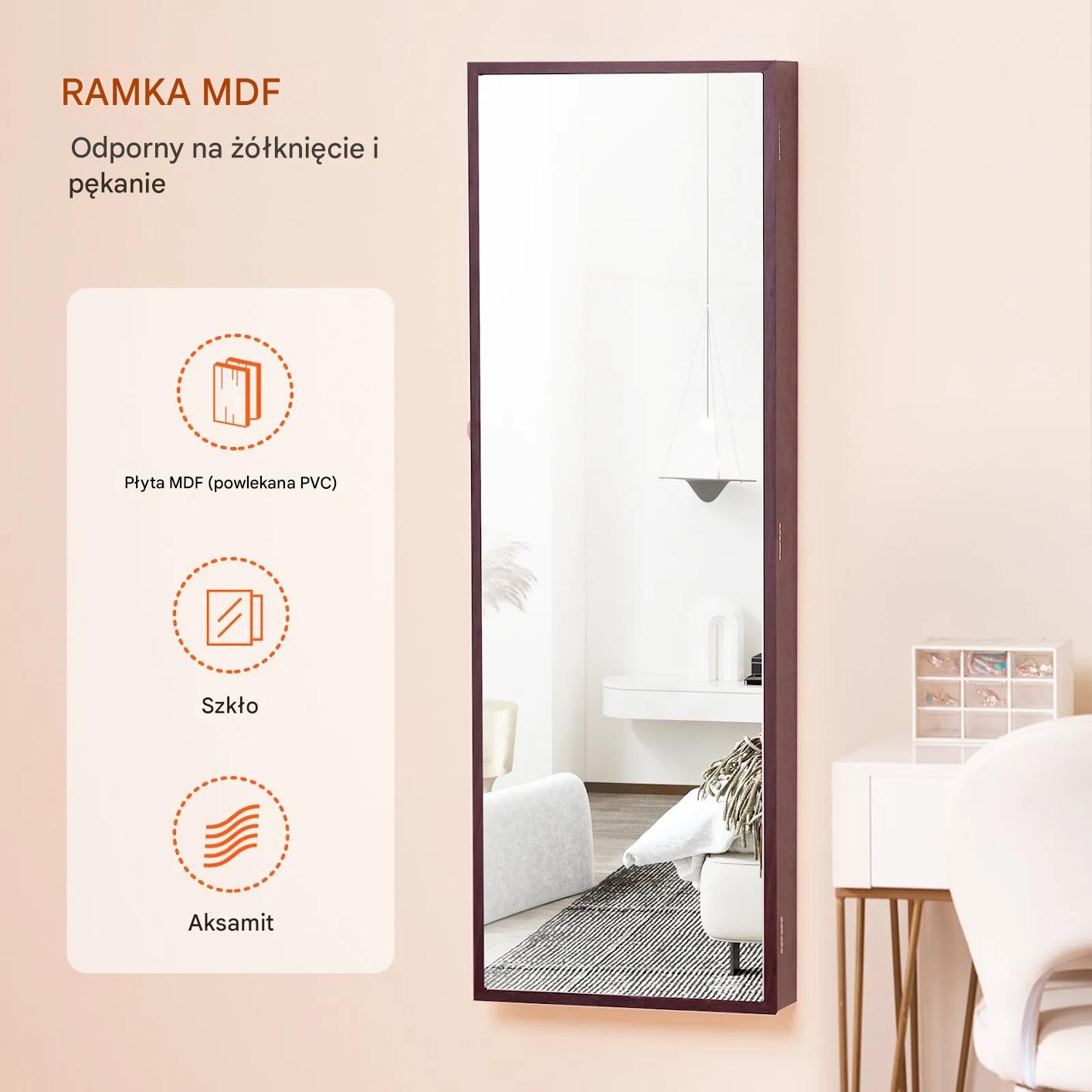 Szafa na biżuterię z lustrem LED 108cm montaż ścienny zamykana brązowa - obrazek 7
