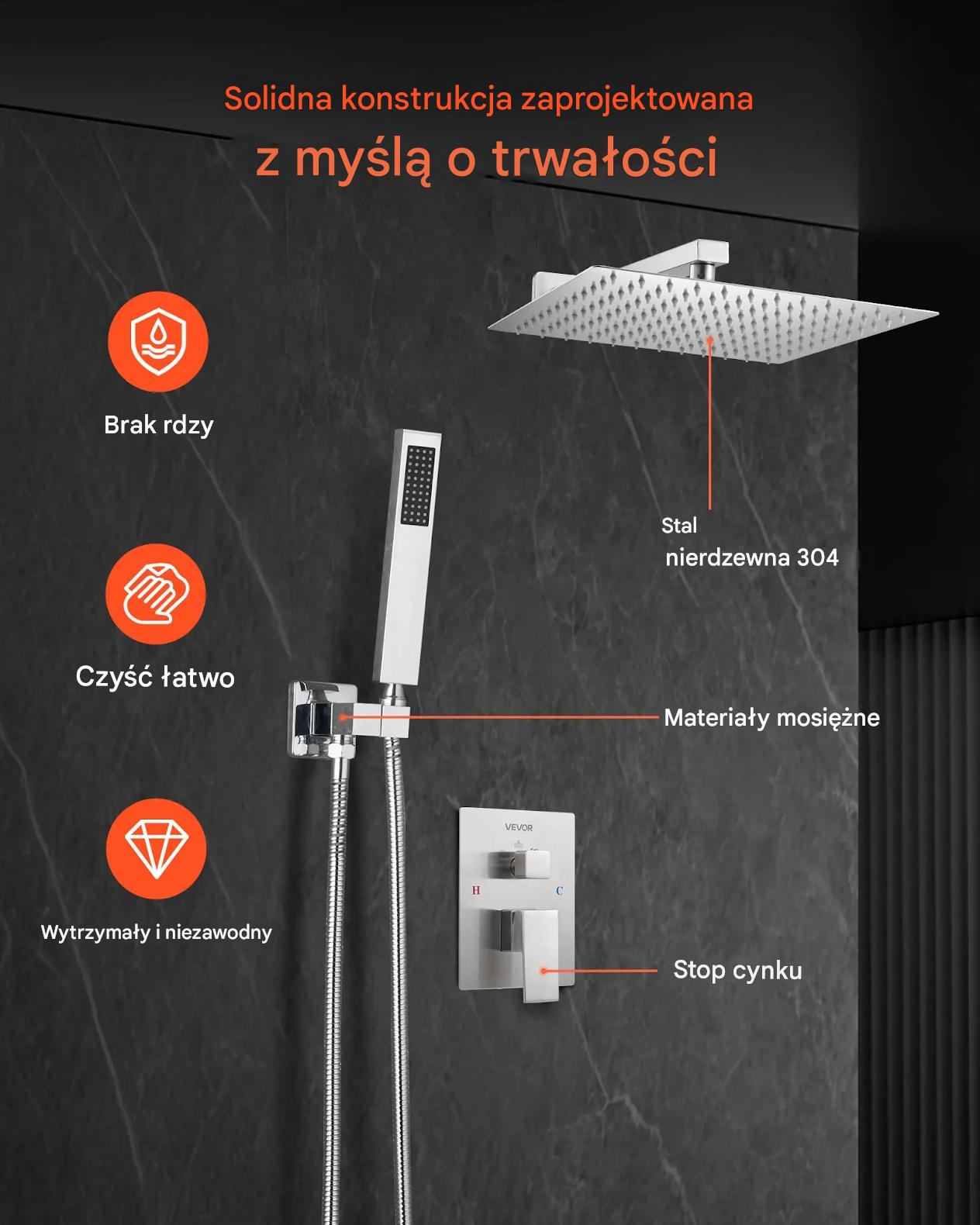 Zestaw prysznicowy deszczownica 30 cm z rączką srebrny montaż ścienny - obrazek 7