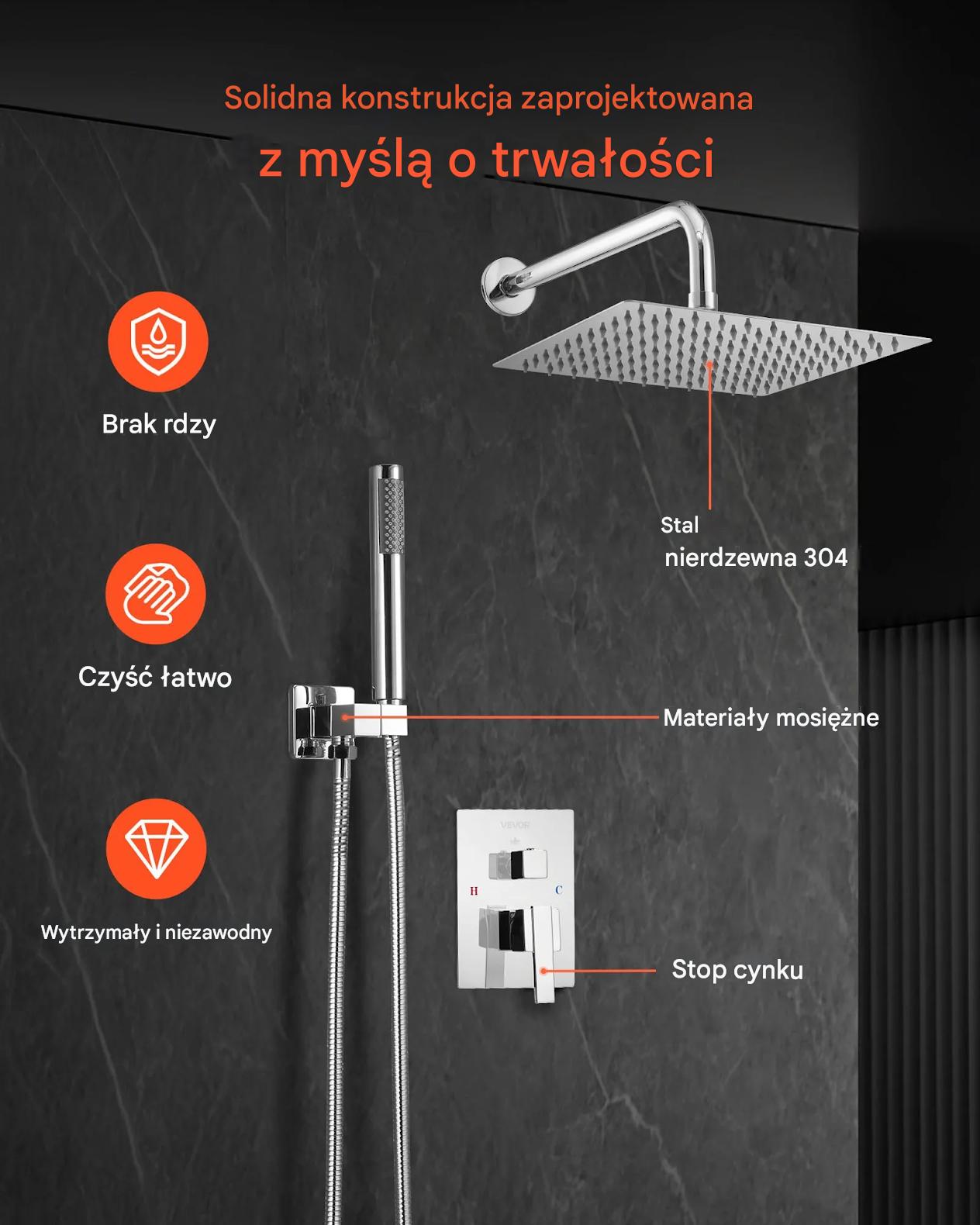 Zestaw prysznicowy deszczowy 25,4 cm kwadratowy z baterią ścienny chrom - obrazek 3