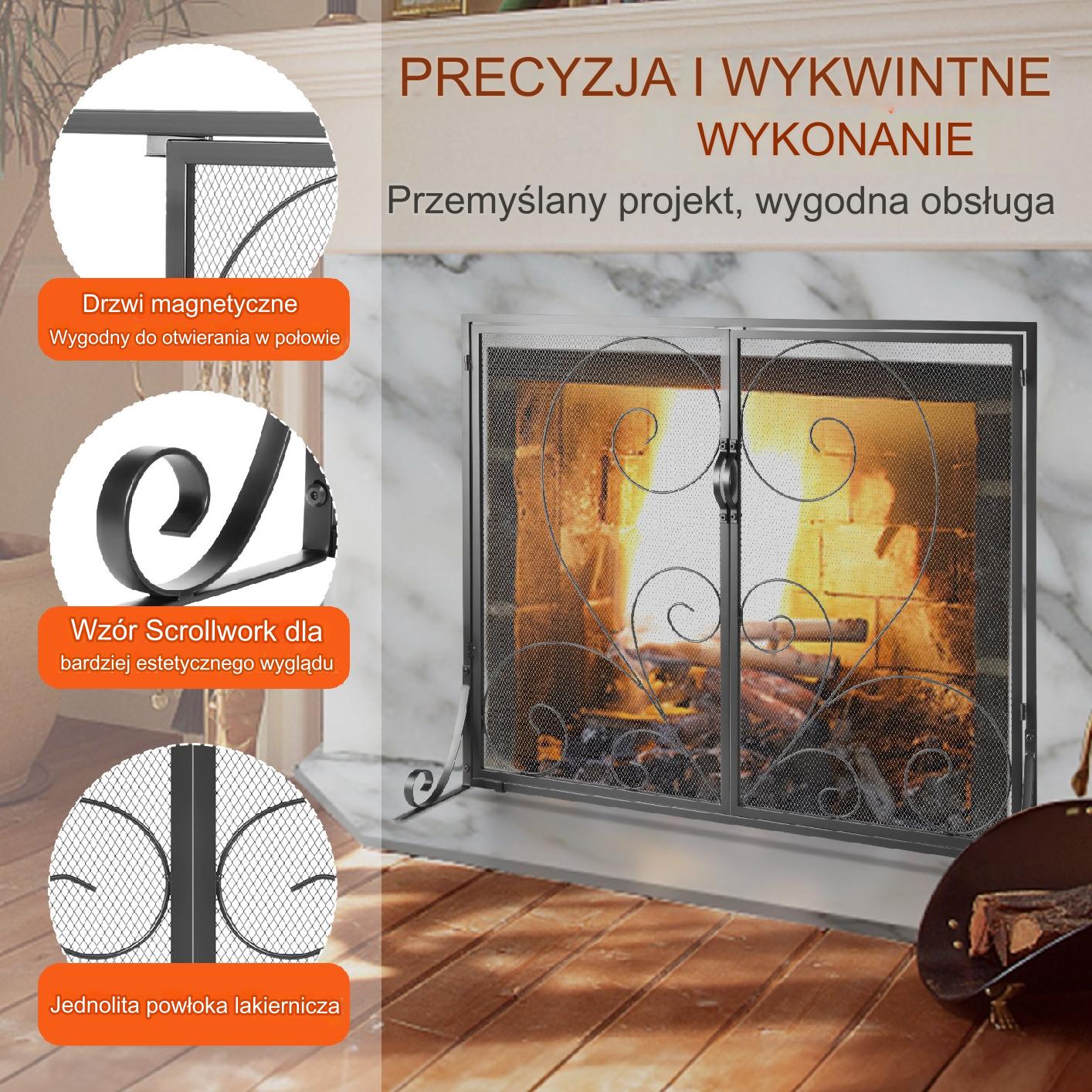 Parawan kominkowy 2-częściowy 99x80cm żeliwny wolnostojący ochrona iskier - obrazek 6