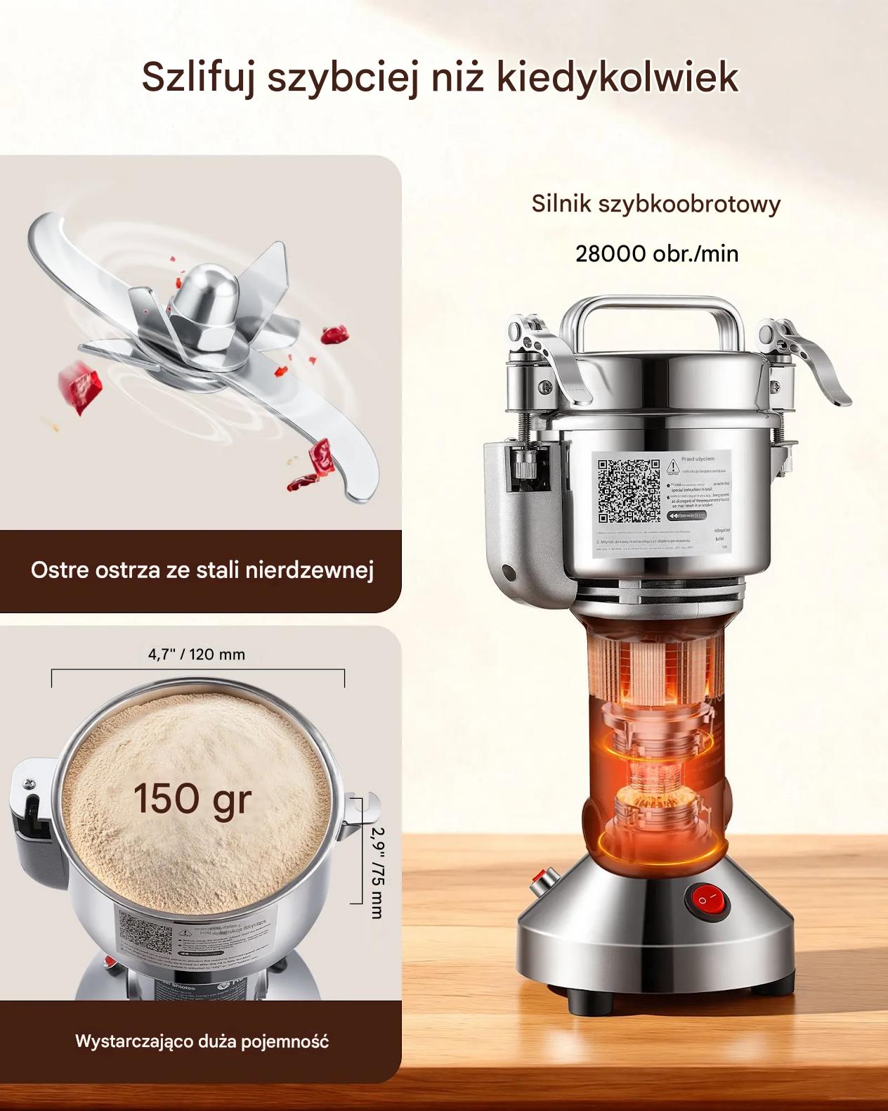 Młynek elektryczny 150g 850W do zbóż i przypraw stalowy do kuchni - obrazek 5