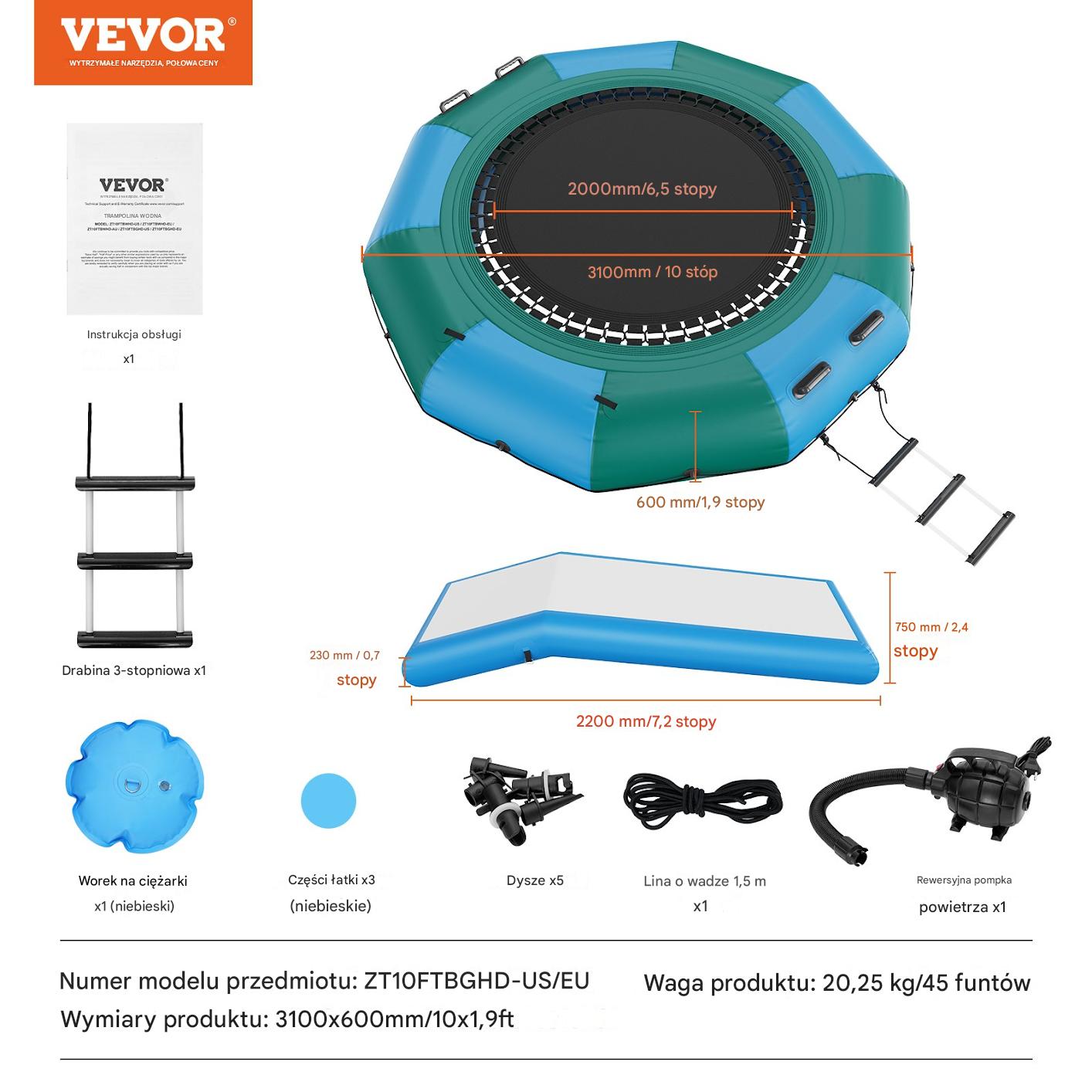 Trampolina wodna dmuchana 3,05 m ze zjeżdżalnią i drabinką, 185 kg, PVC - obrazek 2