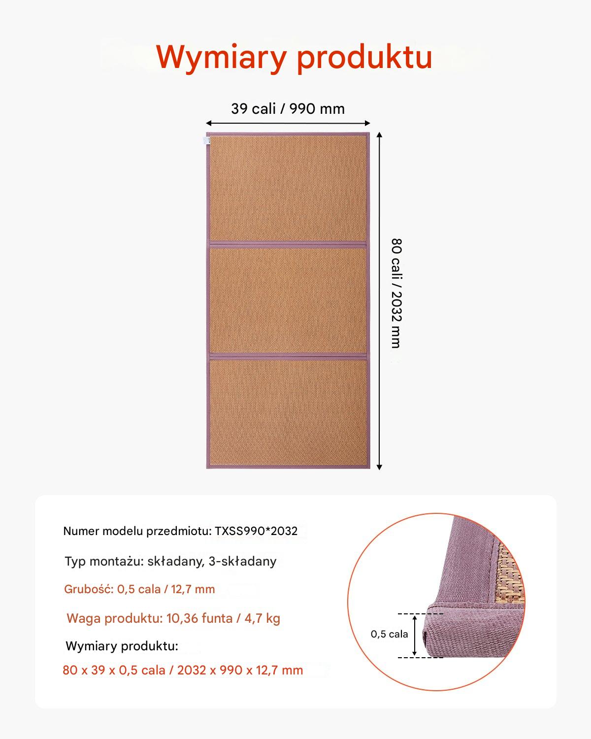 Materac Tatami Japoński Składany z Naturalnej Rattanu – 2032 x 990 x 13 mm - obrazek 2