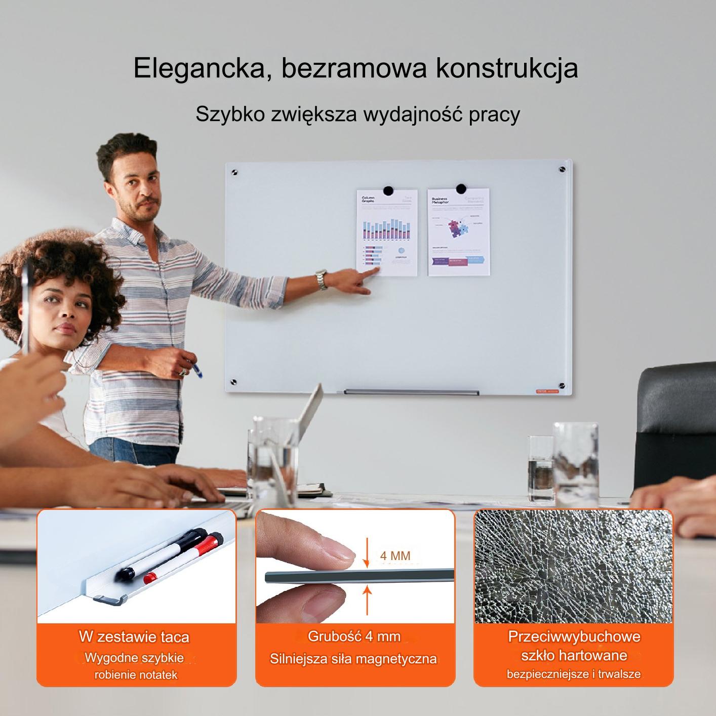 Szklana tablica magnetyczna biała ścienna 90 x 60 cm do biura i domu - obrazek 3