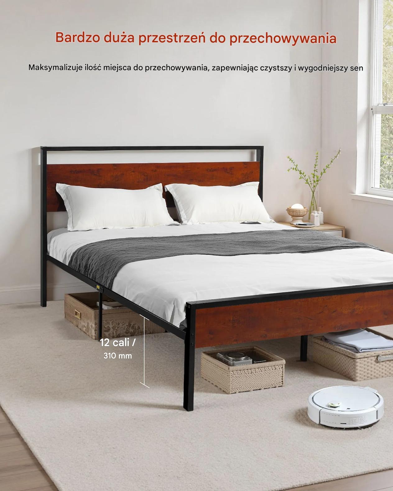 Łóżko metalowe full size 35 cm z drewnianym zagłówkiem i dużym schowkiem - obrazek 5