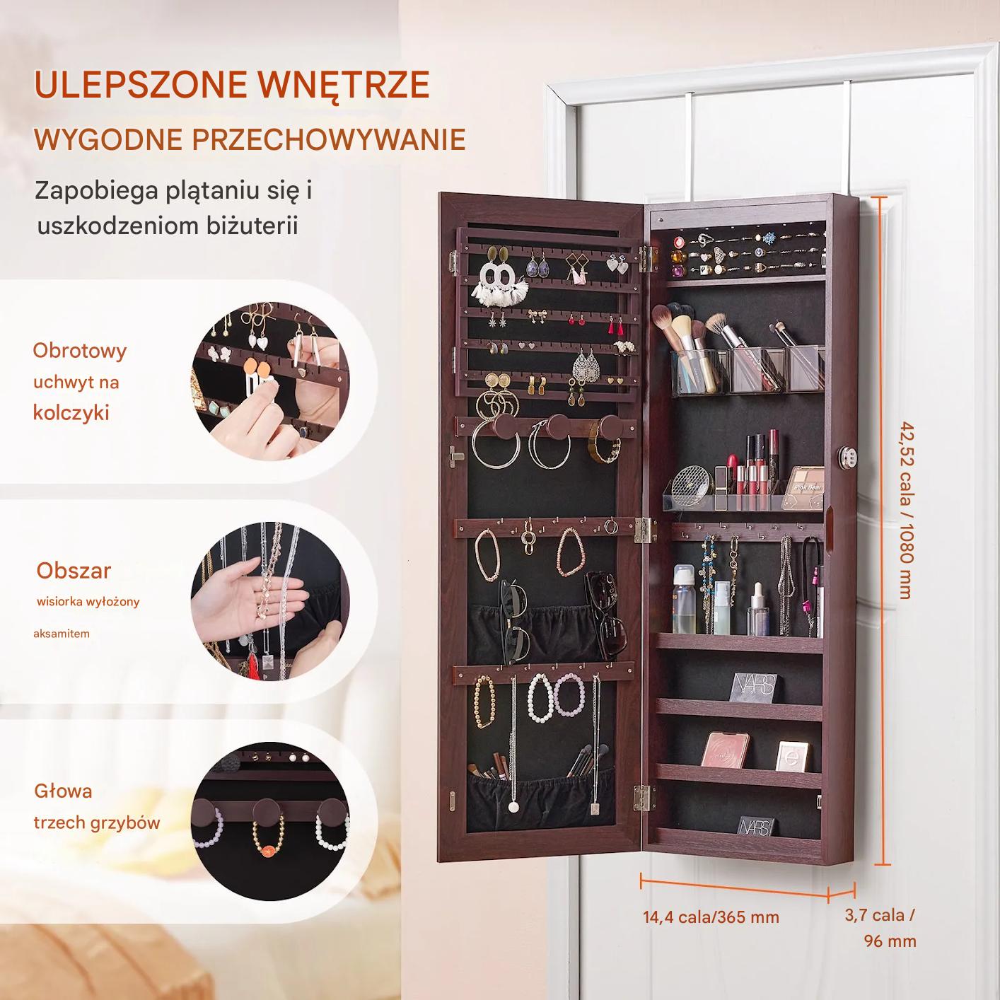 Szafa na biżuterię z lustrem LED 108cm montaż ścienny zamykana brązowa - obrazek 5