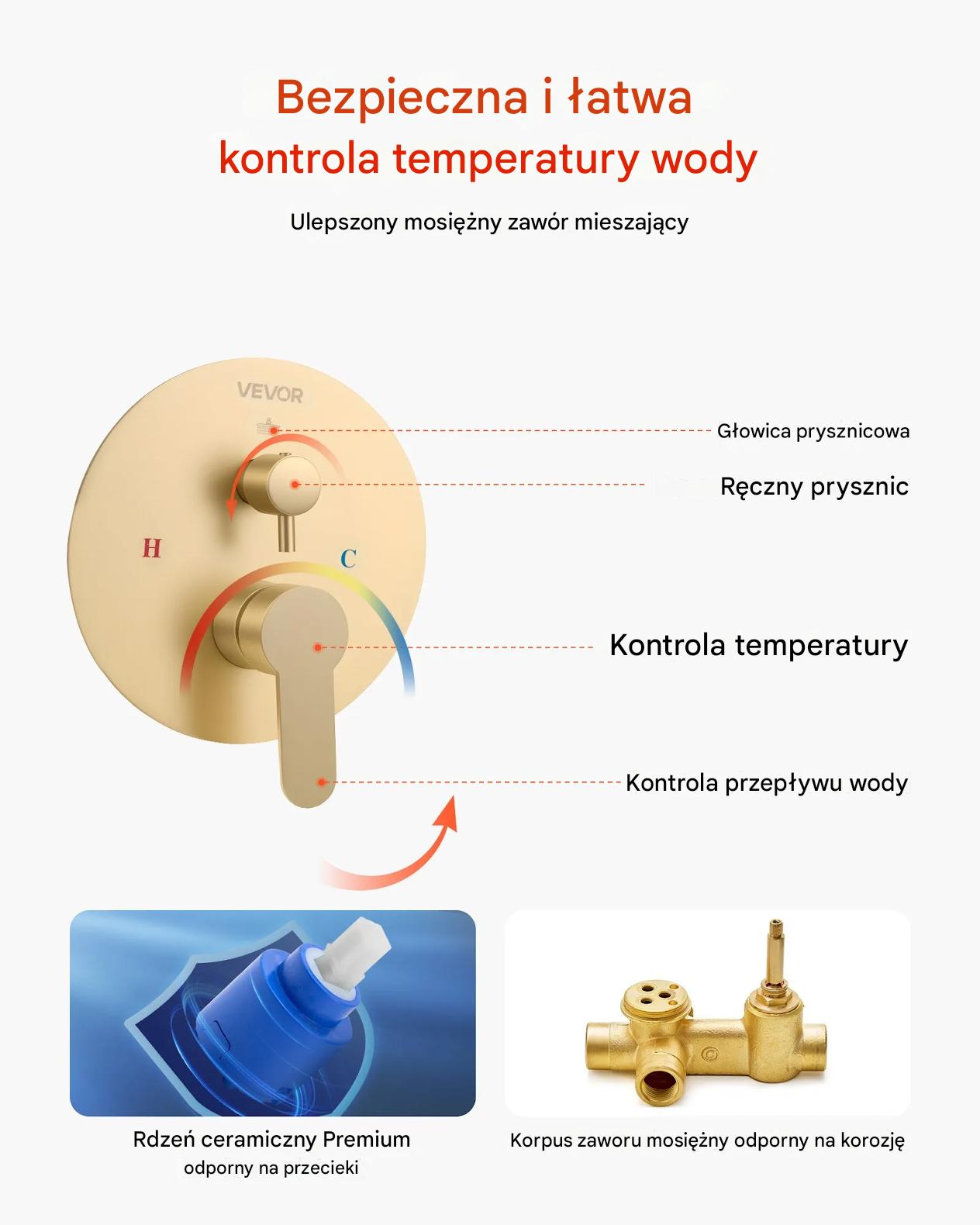 Zestaw prysznicowy deszczownica 25 cm z rączką mosiądz złoty montaż ścienny - obrazek 6