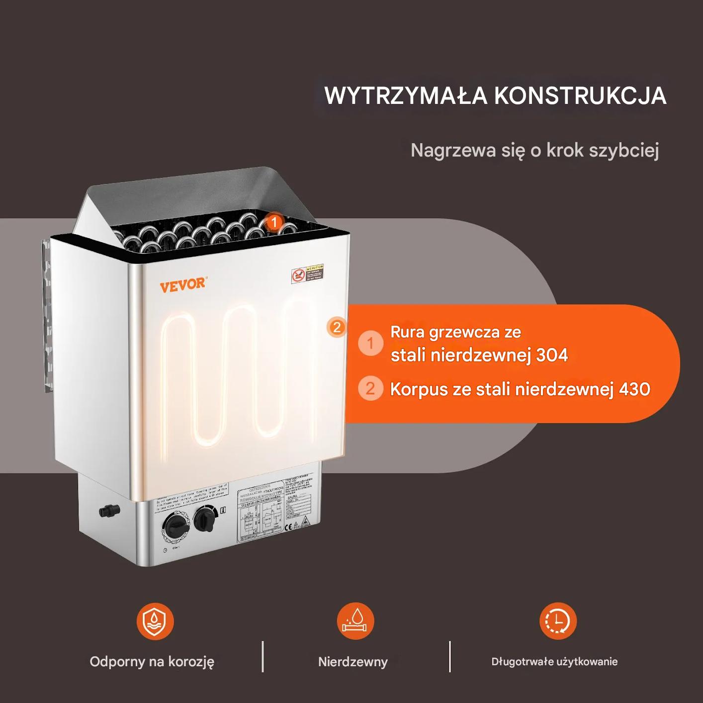 Piec do sauny 8kW elektryczny 400V z timerem stal nierdzewna do SPA - obrazek 4