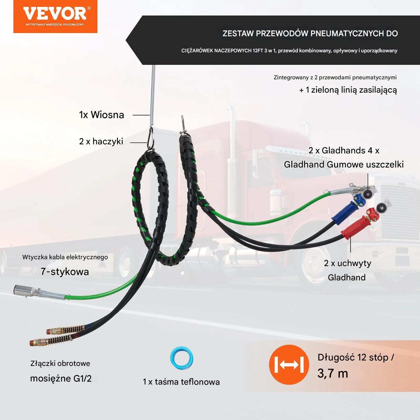 Przewody powietrzne do ciężarówki 4,57 m 3w1 z ABS 7-pin z akcesoriami - obrazek 2