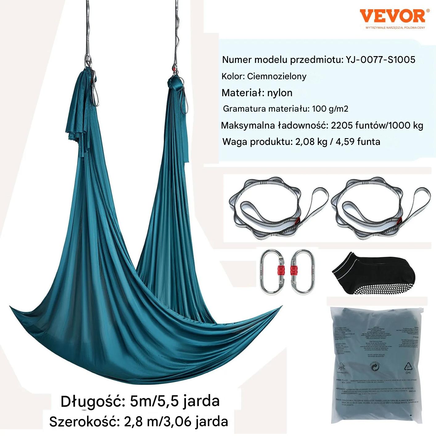 Hamak aerial yoga 5m z osprzętem 100gsm nylon do treningu zielony - obrazek 2