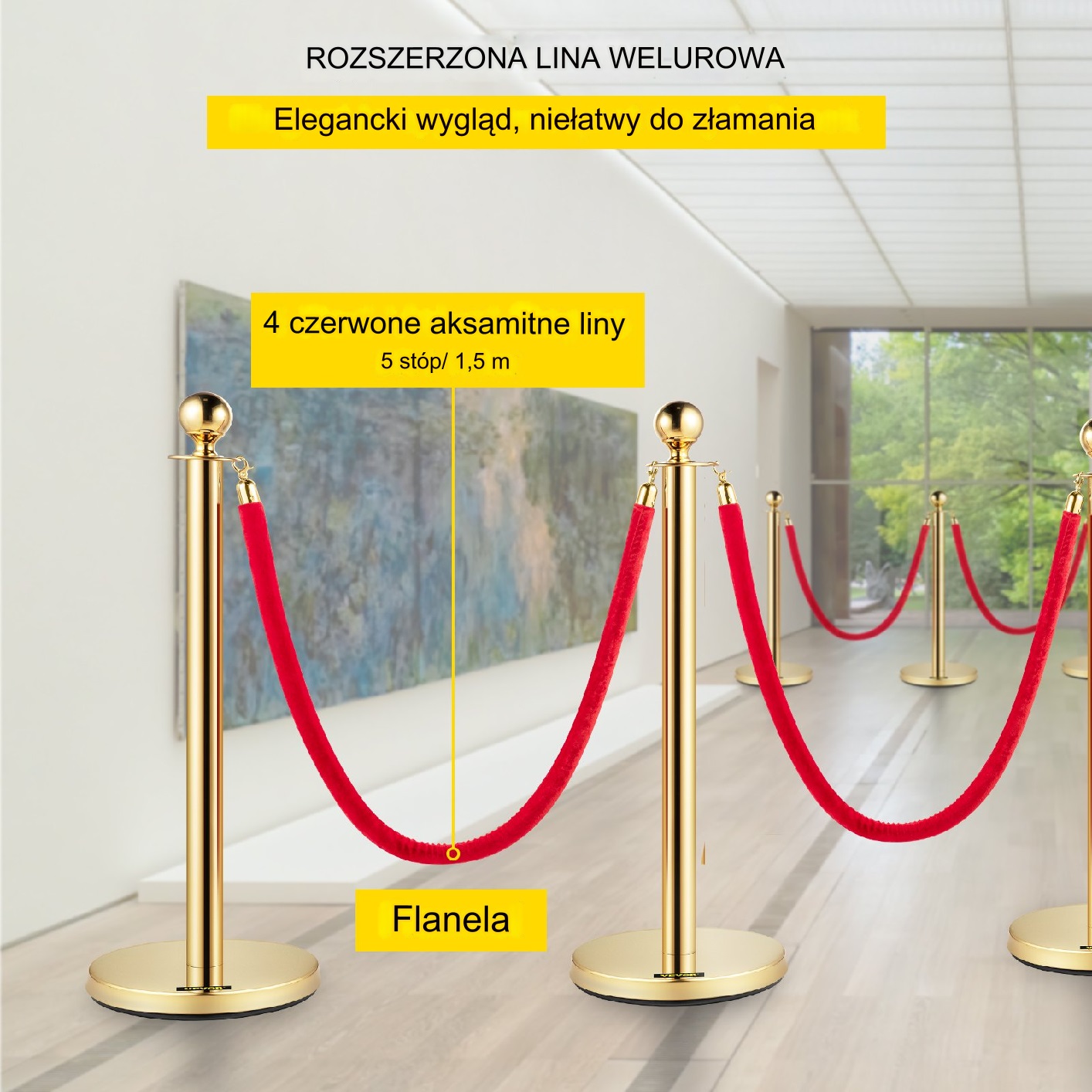 Słupki odgradzające 8 sztuk + liny 1,5 m barierka kolejkowa hotelowa złote - obrazek 4