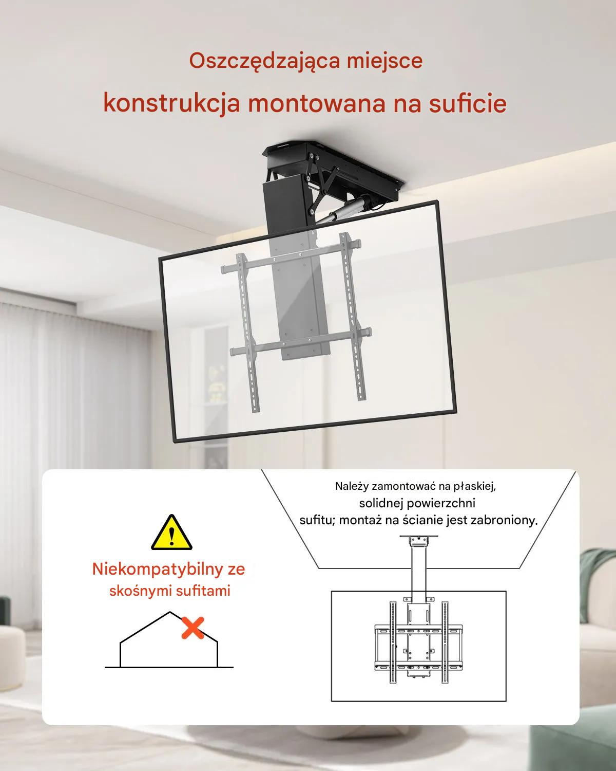 Uchwyt TV sufitowy 32–70" elektryczny regulowany flip-down VESA do zabudowy - obrazek 7