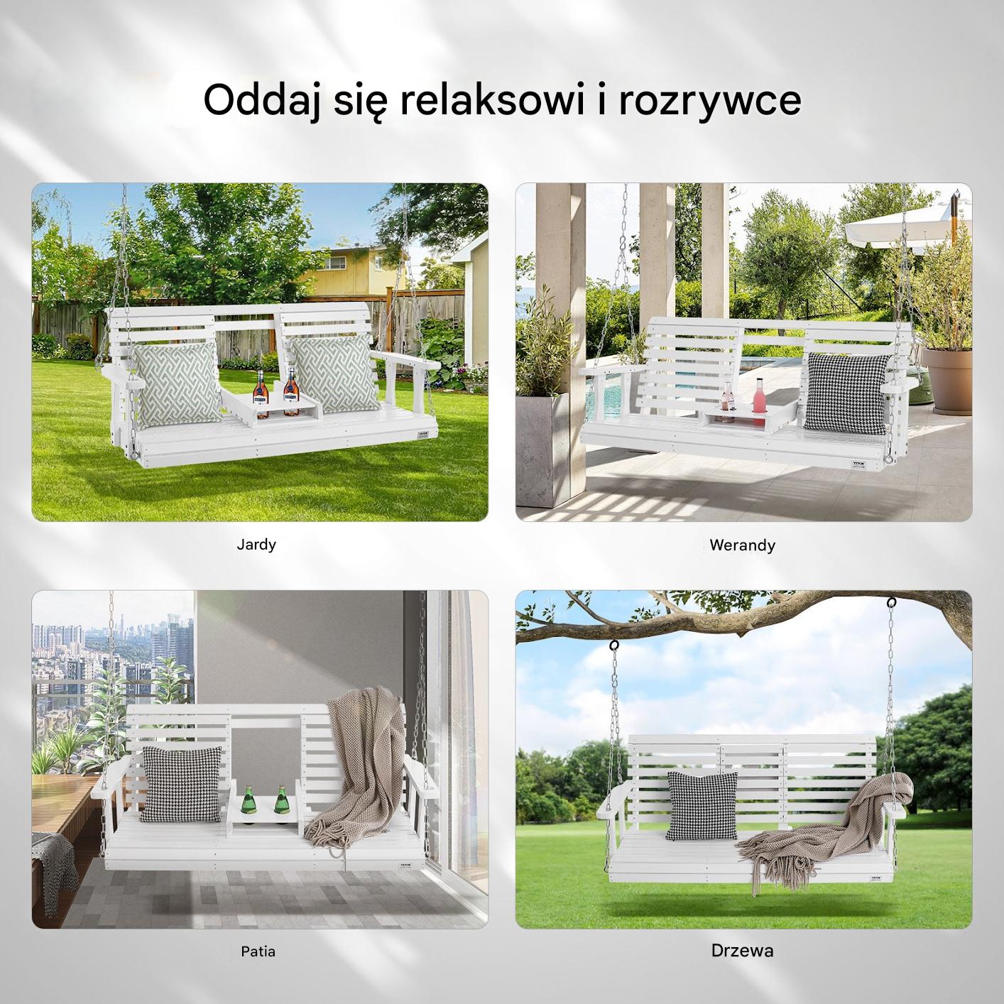 Drewniana huśtawka ogrodowa wisząca na taras werandę biała 152 cm - obrazek 5