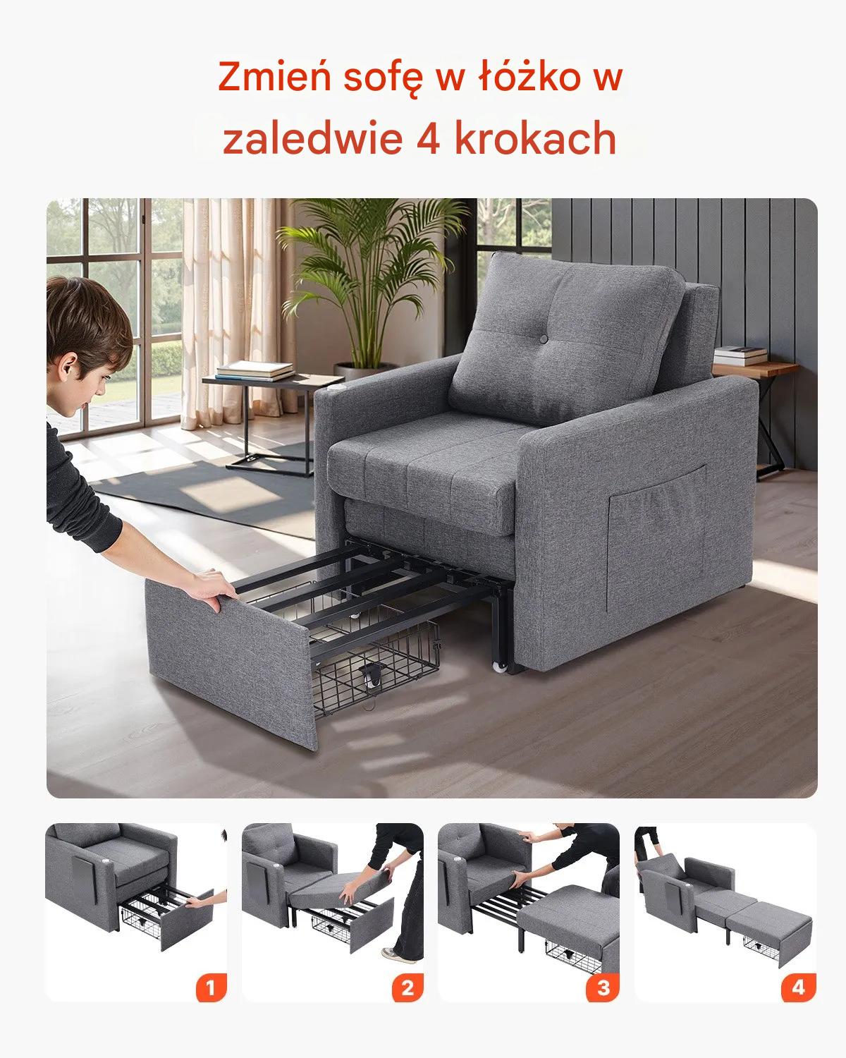 Sofa rozkładana 1-osobowa szara z pojemnikiem i regulowanym oparciem - obrazek 5