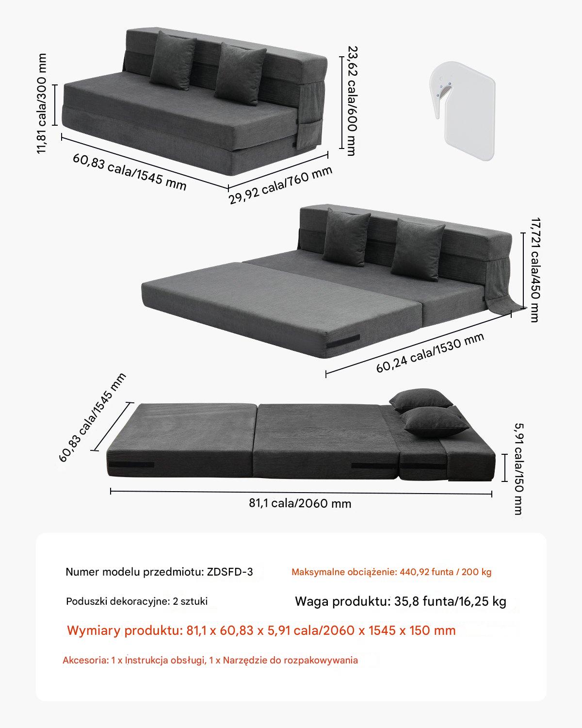 Sofa rozkładana 3 w 1 składana kanapa z poduszkami ciemnoszara - obrazek 2