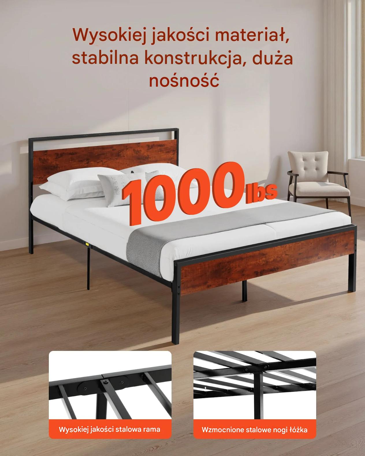 Łóżko metalowe full size 35 cm z drewnianym zagłówkiem i dużym schowkiem - obrazek 3