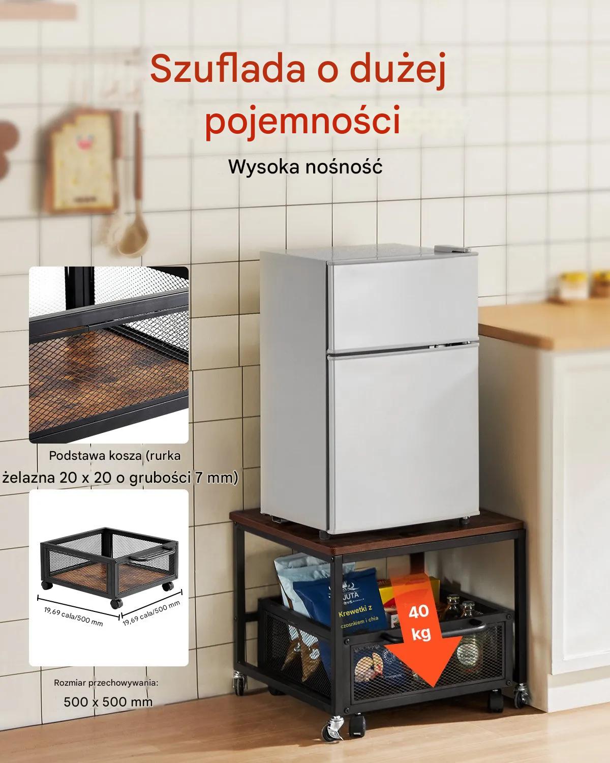 Stojak pod lodówkę mini z półkami 90 kg na kółkach organizer drewniany blat - obrazek 4