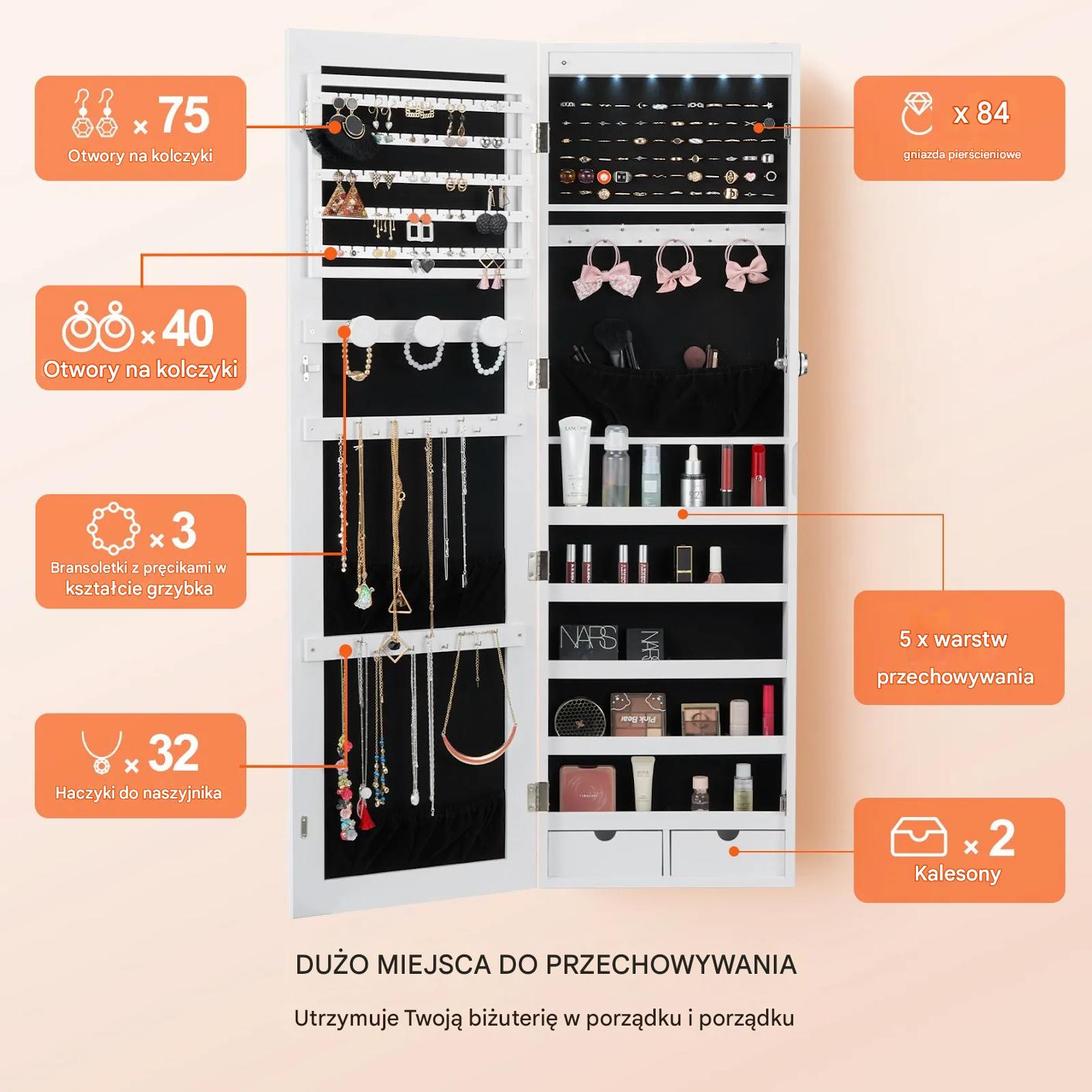 Szafa na biżuterię z lustrem LED 119 cm montaż ścienny zamykana biała - obrazek 6