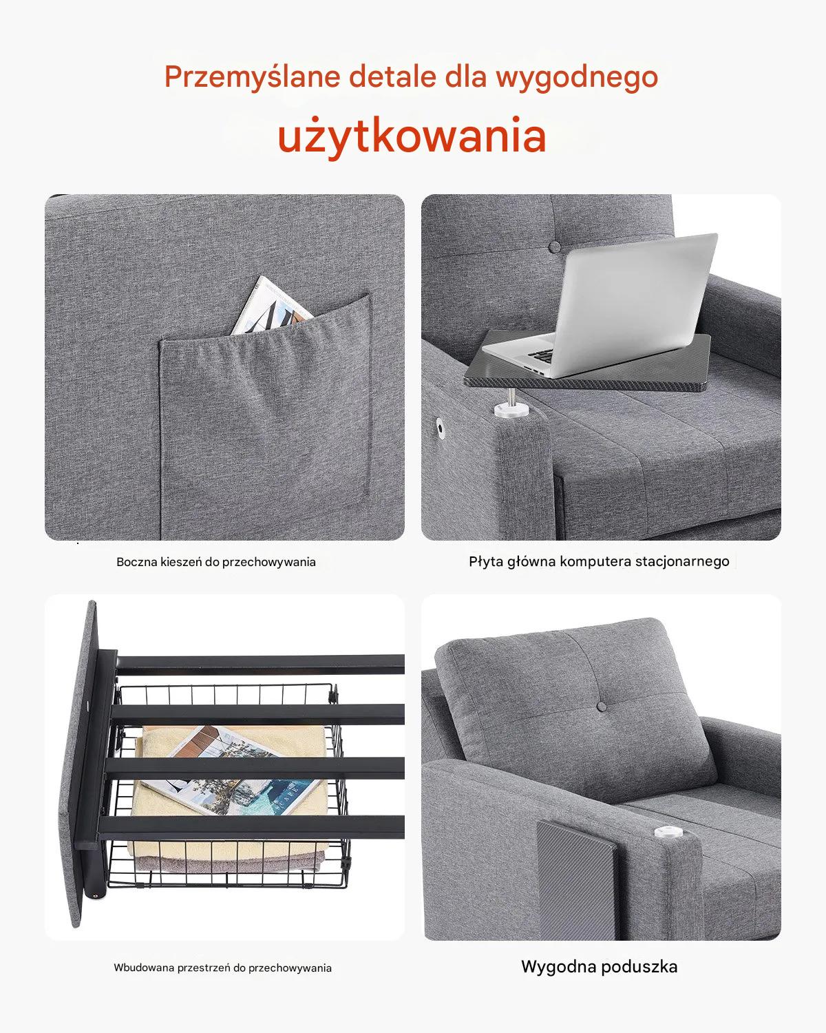 Sofa rozkładana 1-osobowa szara z pojemnikiem i regulowanym oparciem - obrazek 6