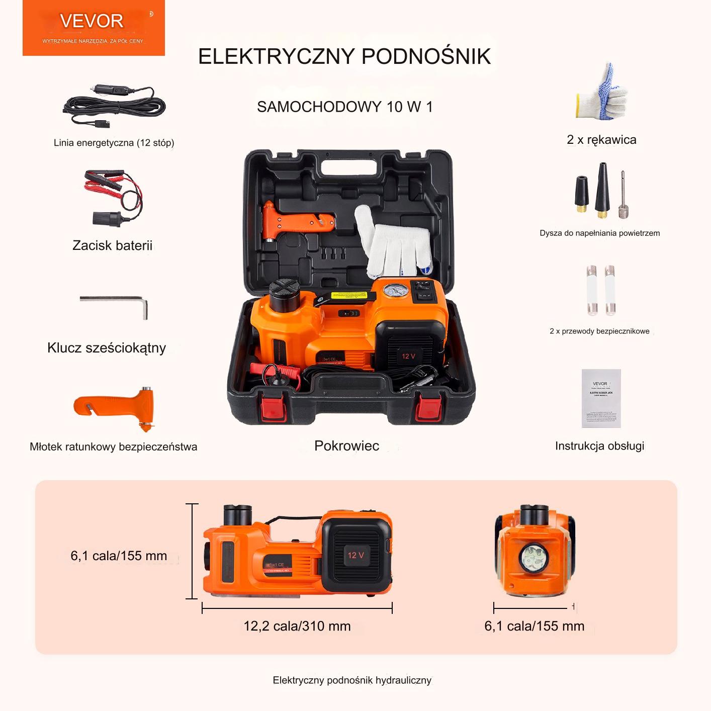 Podnośnik samochodowy elektryczny hydrauliczny 5 t 12 V pompka zestaw mocny - obrazek 2