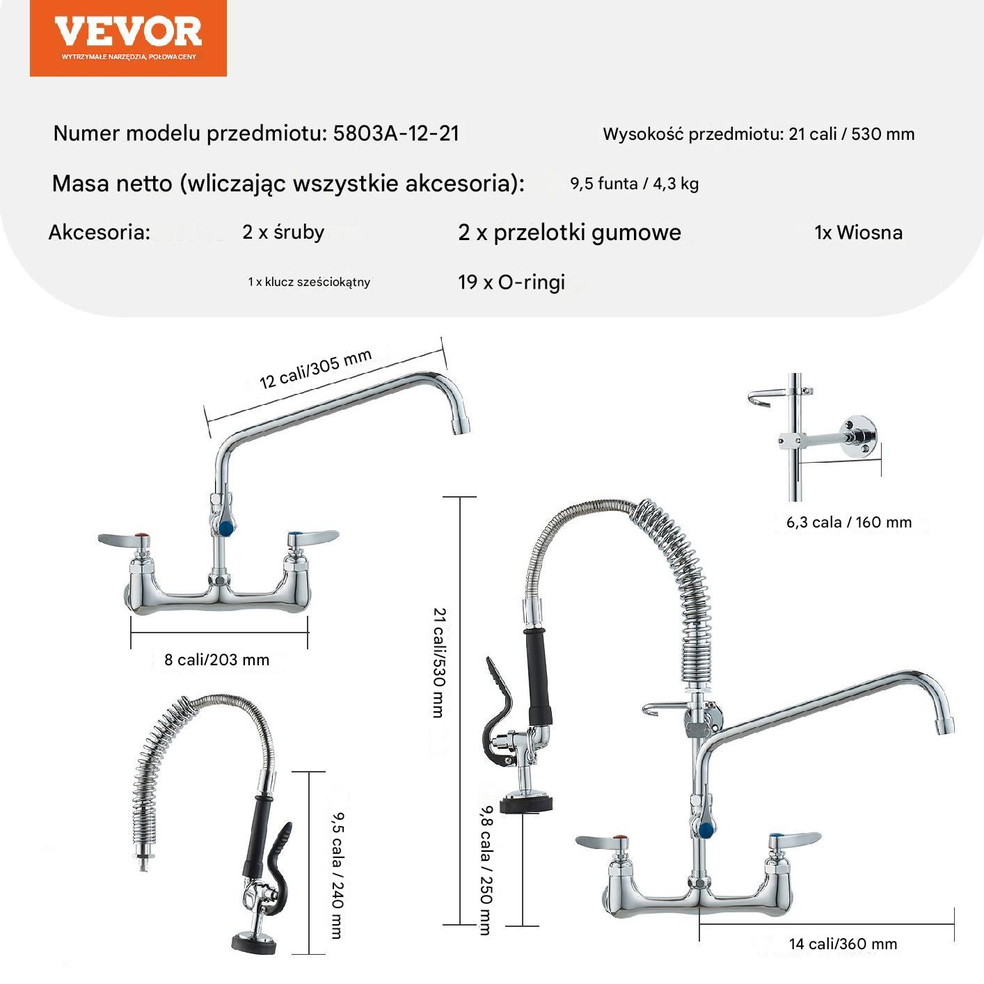 Komercyjna Bateria z Wylewką i Spryskiwaczem Pre-Rinse 530 mm - obrazek 2