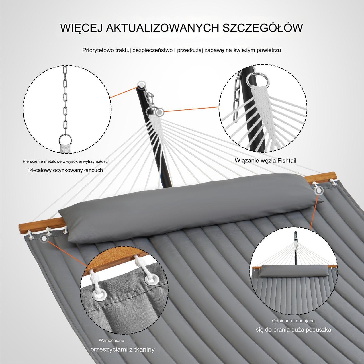 Hamak ogrodowy ze stelażem i drążkiem duży mocny dwuosobowy szary - obrazek 5