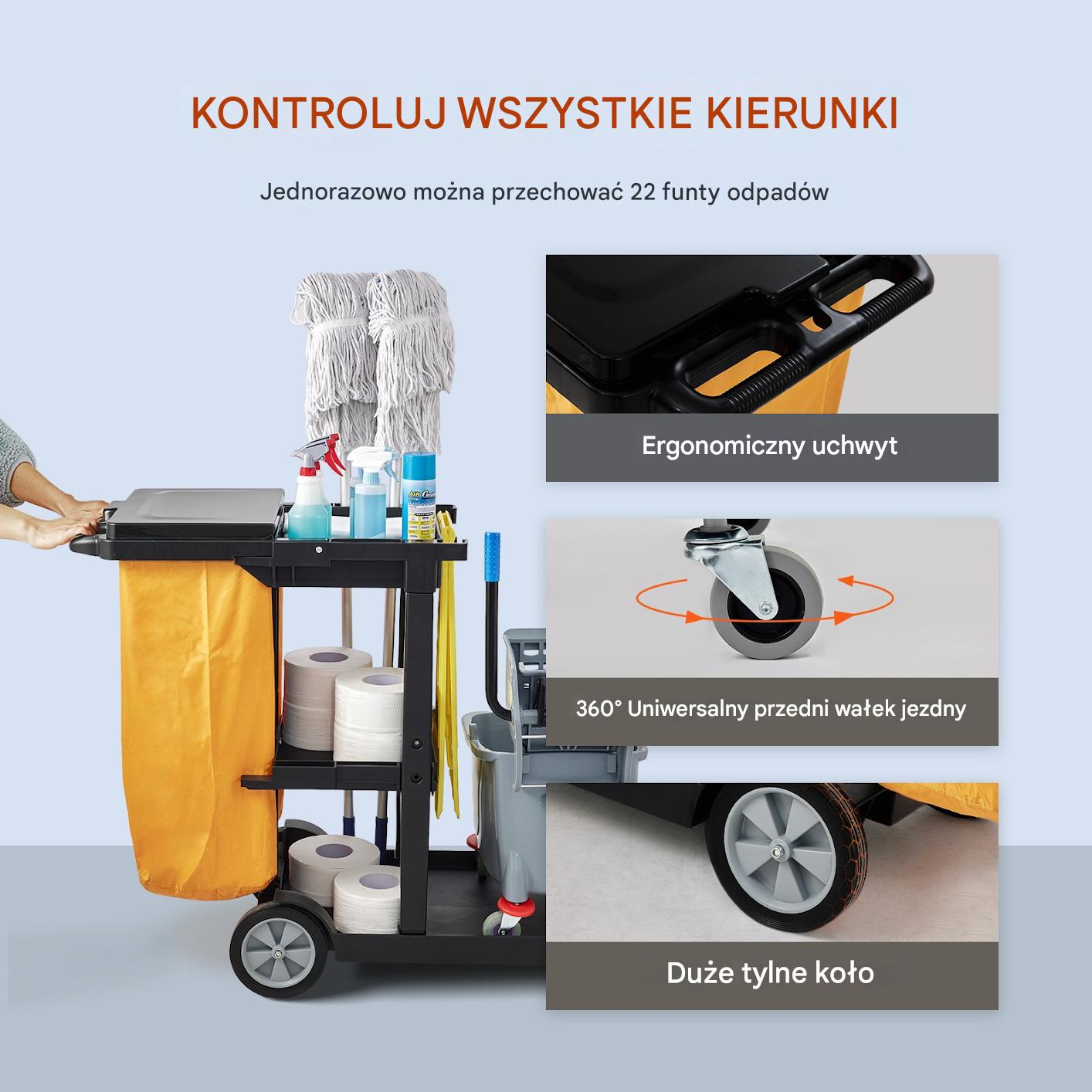 Wózek do sprzątania 3-półkowy 120x51x98 cm 90 kg z workiem i pokrywą - obrazek 5