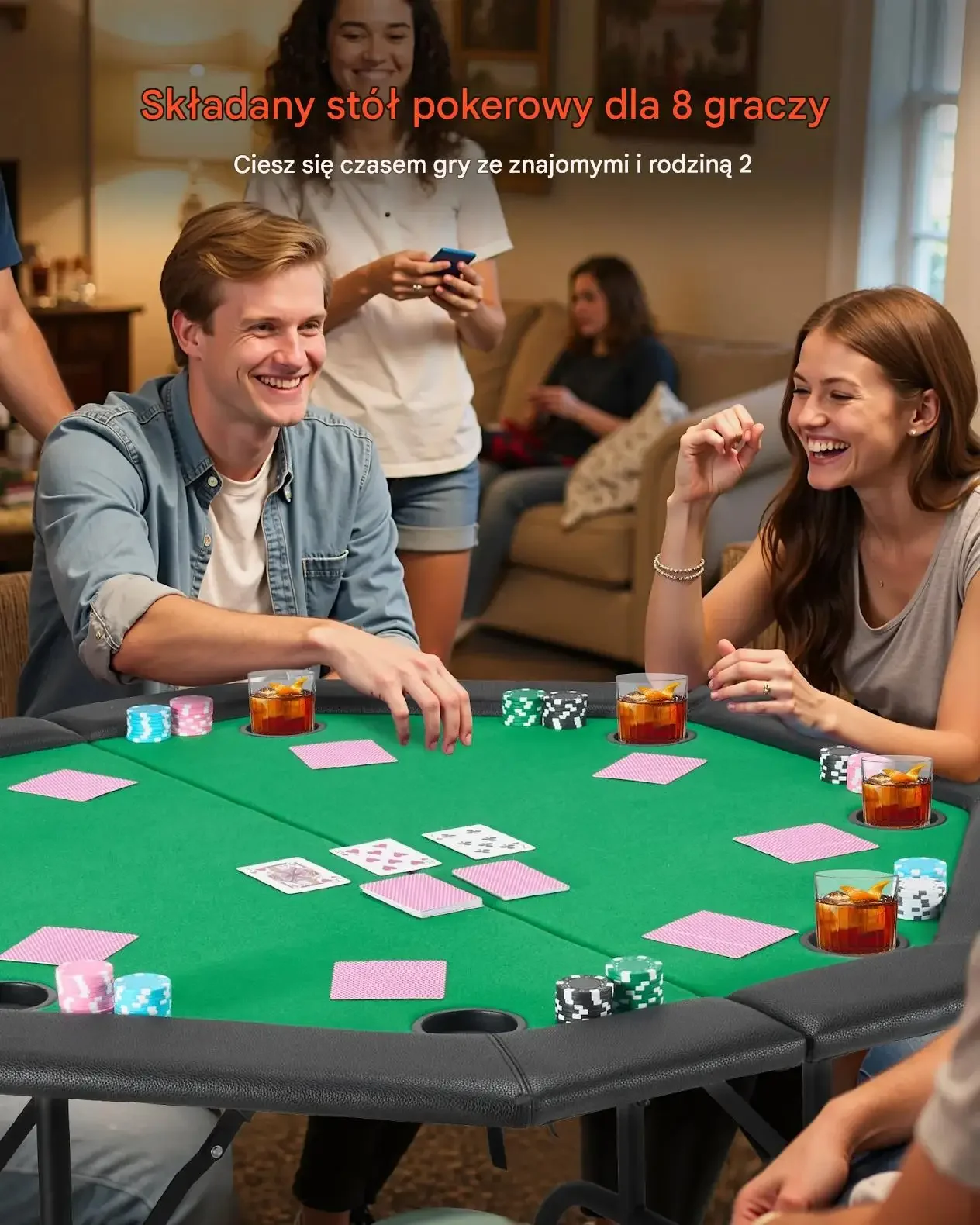 Stół do pokera zielony składany 8 graczy 126 cm Texas Holdem z uchwytami - obrazek 6