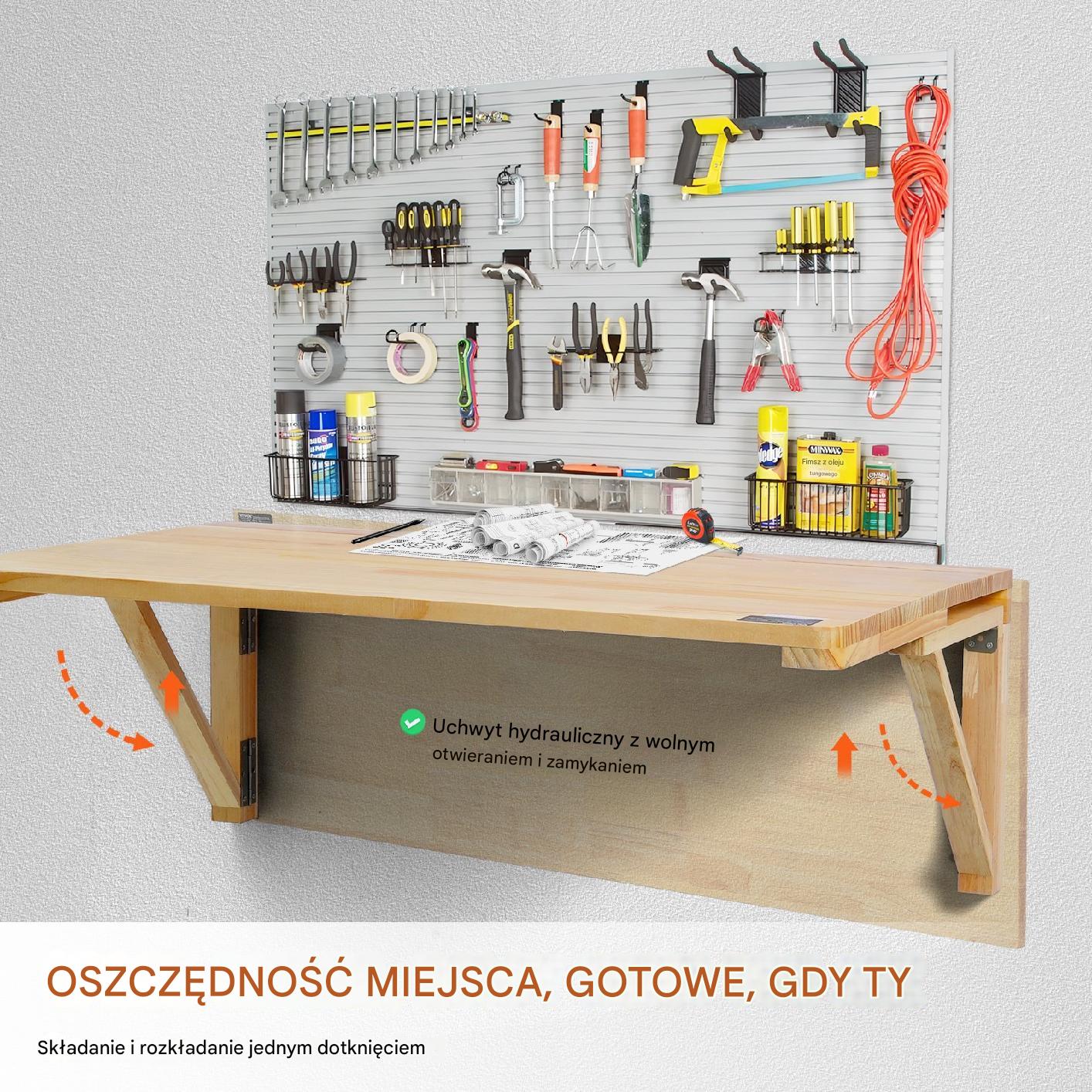 Składany stół ścienny 80x60 cm, drewno sosnowe, 45 kg, blat opuszczany - obrazek 4