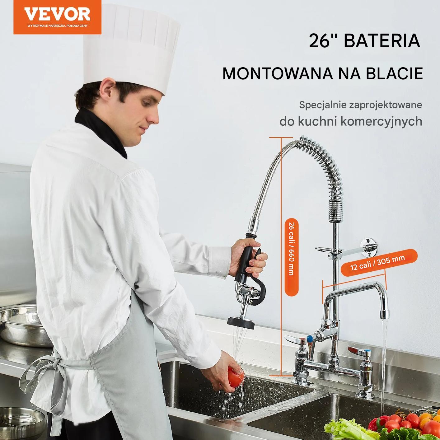 Bateria kuchenna z wylewką i prysznicem 66 cm mosiężna profesjonalna - obrazek 3