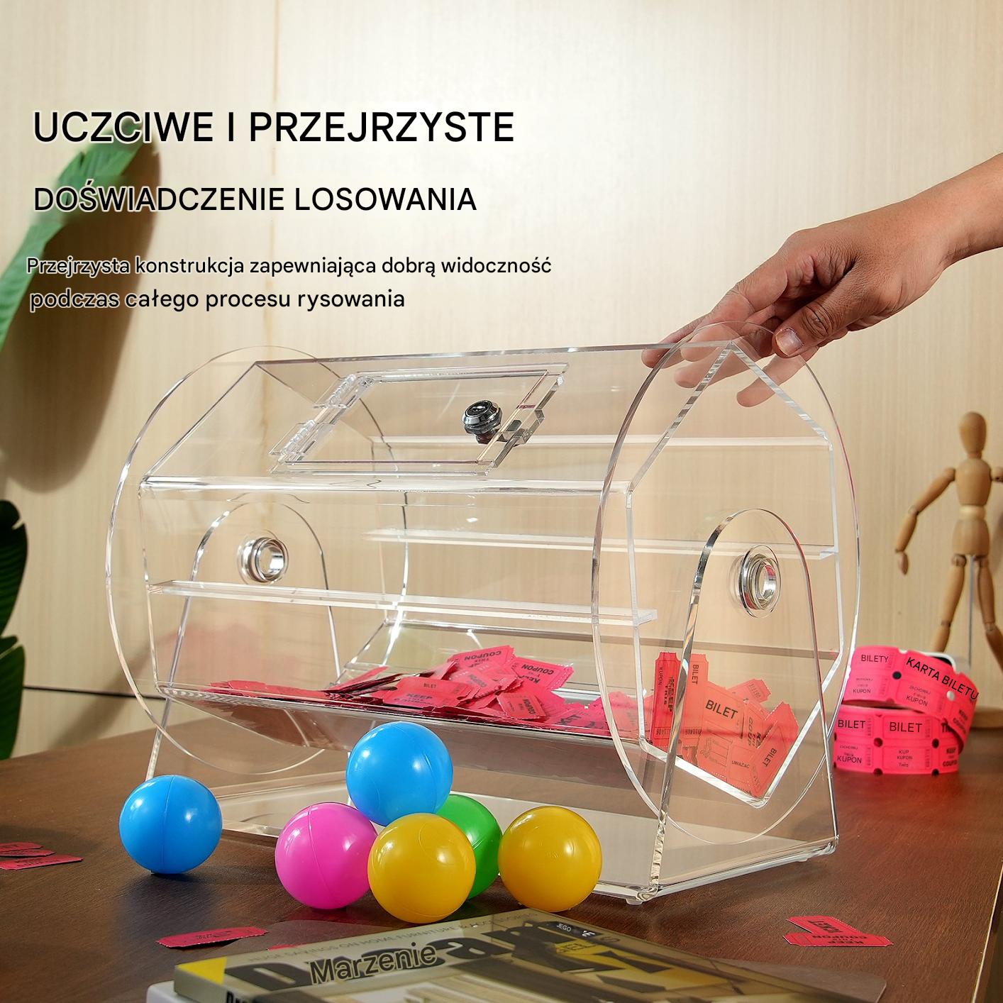 Bęben do losowania akrylowy 5000 biletów transparentny z kluczem konkursy - obrazek 6