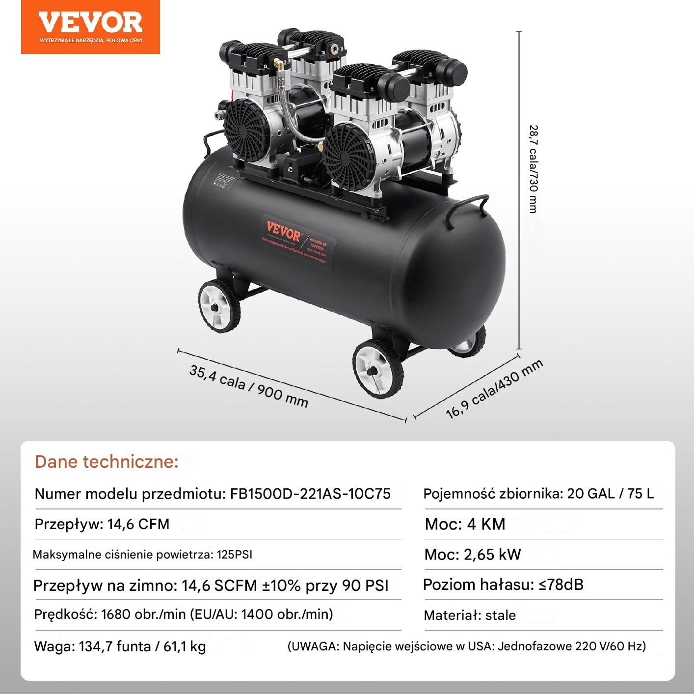 Kompresor powietrza 75L 90PSI – bezolejowy przenośny do warsztatu - obrazek 2