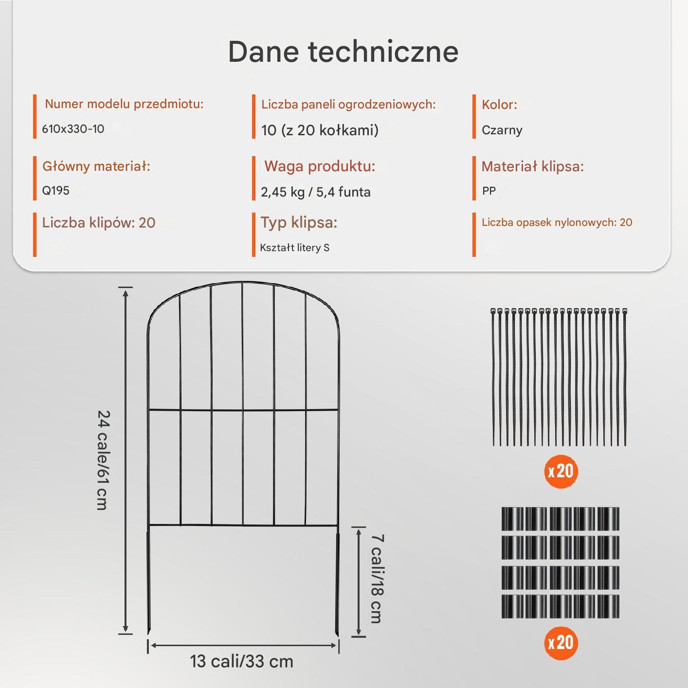 Płot ogrodowy barierka stal czarny 61 cm 33 cm zestaw 10 szt mocny premium - obrazek 2