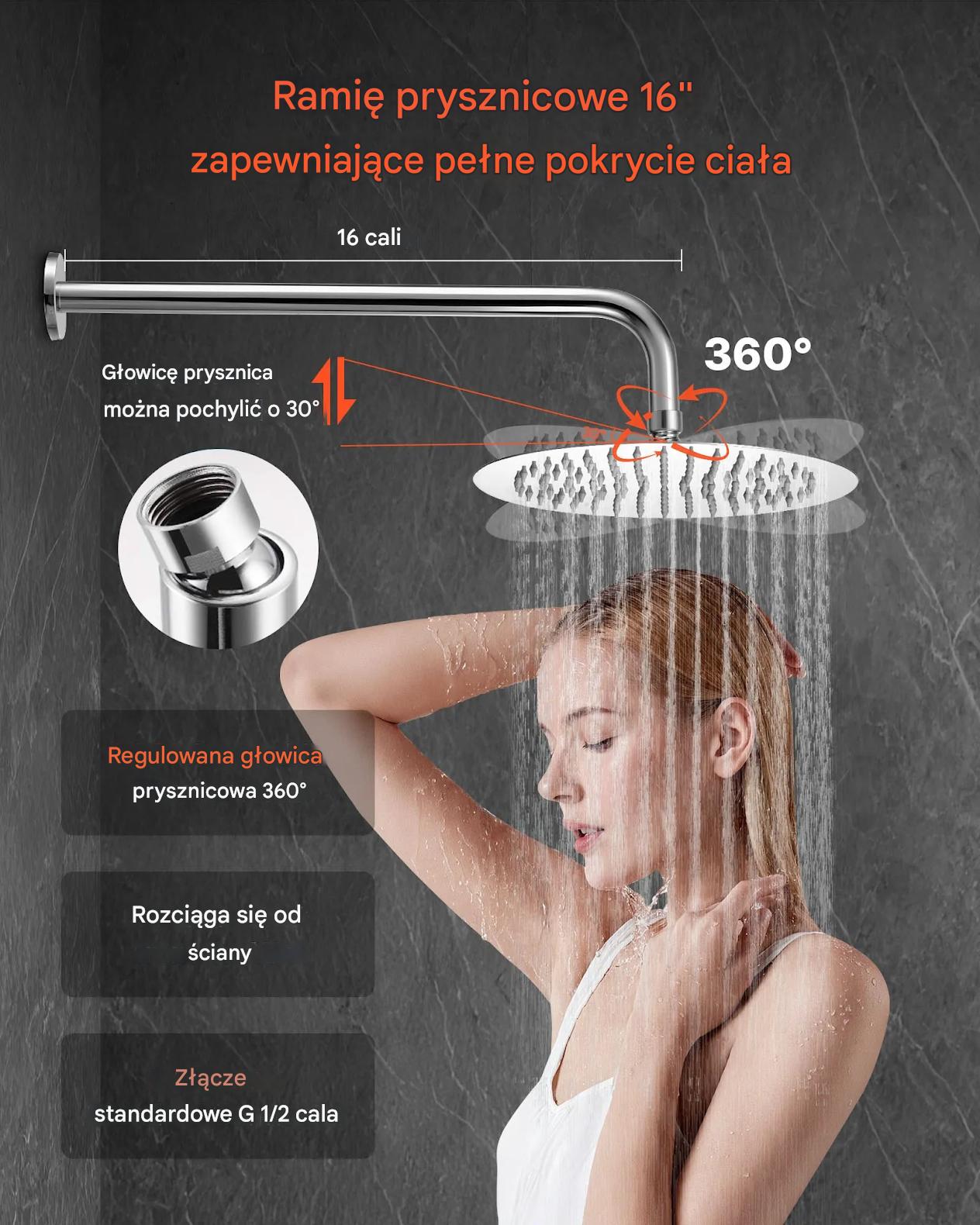 Zestaw prysznicowy deszczowy 25,4 cm okrągły z baterią ścienny chrom - obrazek 6