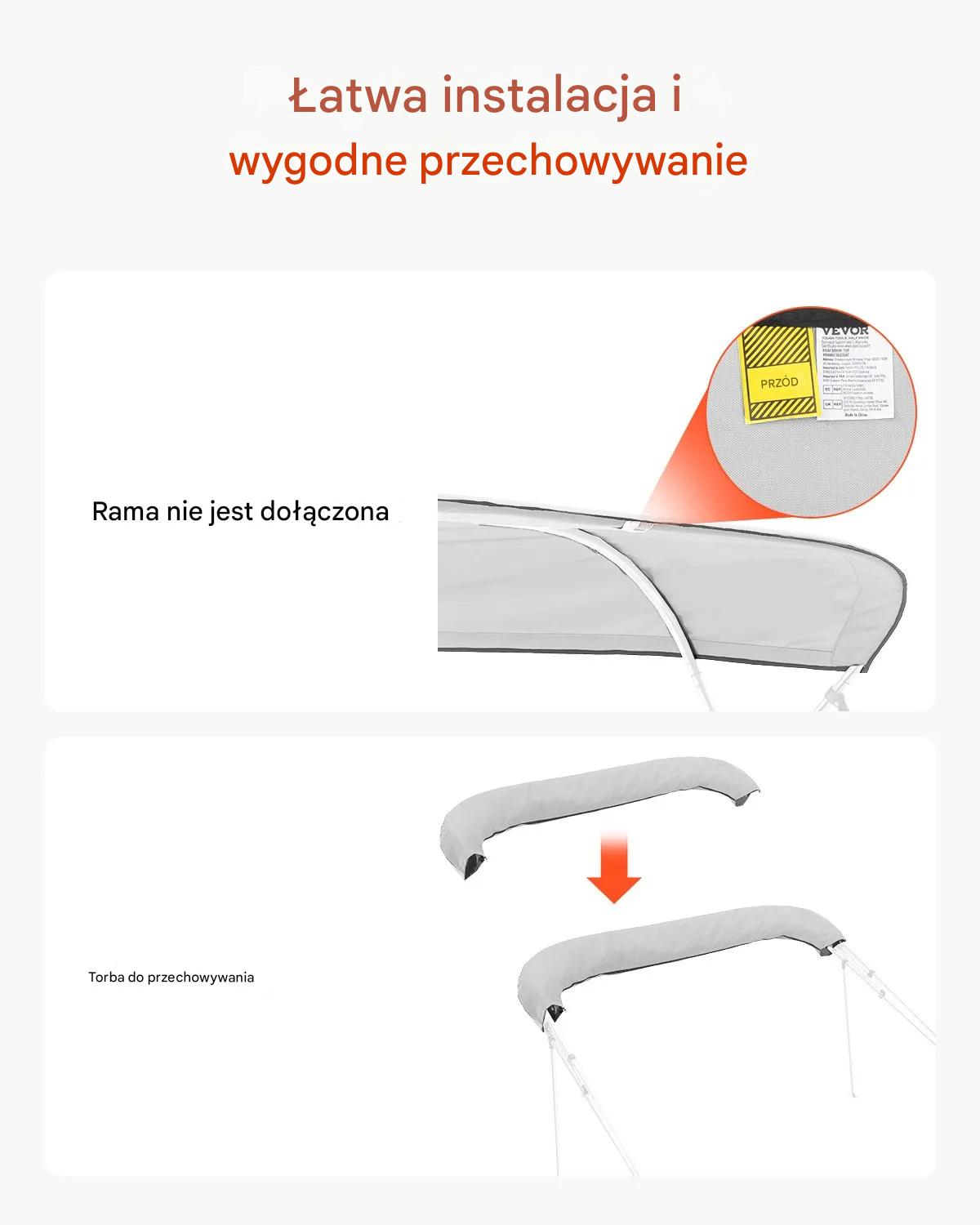 Daszek szary bimini 4 łuki - wodoodporny 600D poliester, ochrona UV - obrazek 3