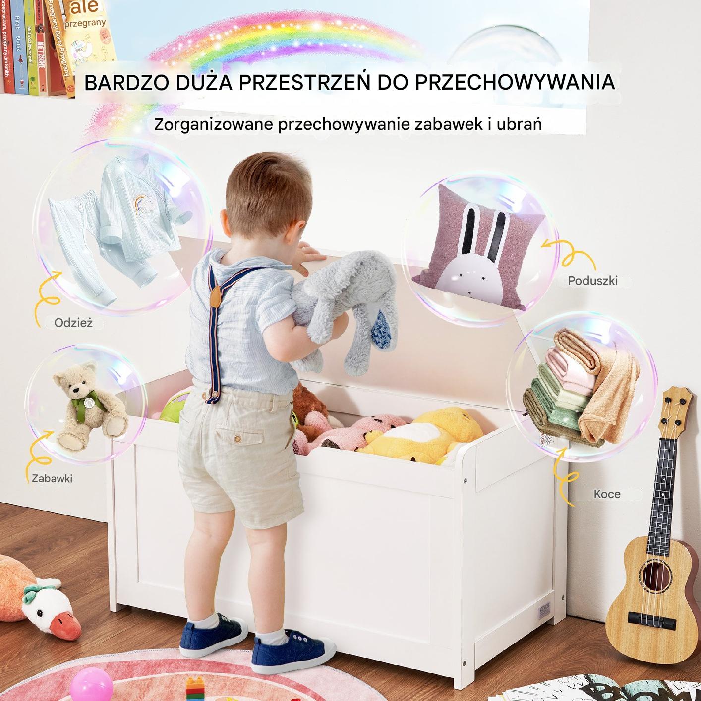 Duża drewniana skrzynia na zabawki Pufa Kufer na Zabawki Siedzisko biała - obrazek 4