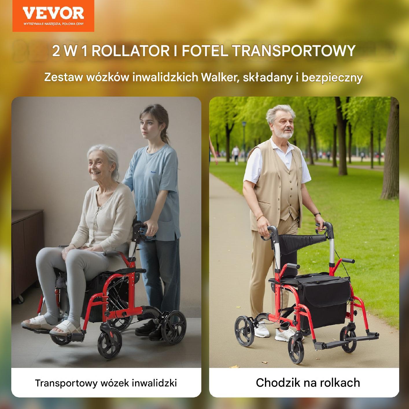 Wózek inwalidzki i Krzesło Transportowe 2 w 1 Czerwone - obrazek 7