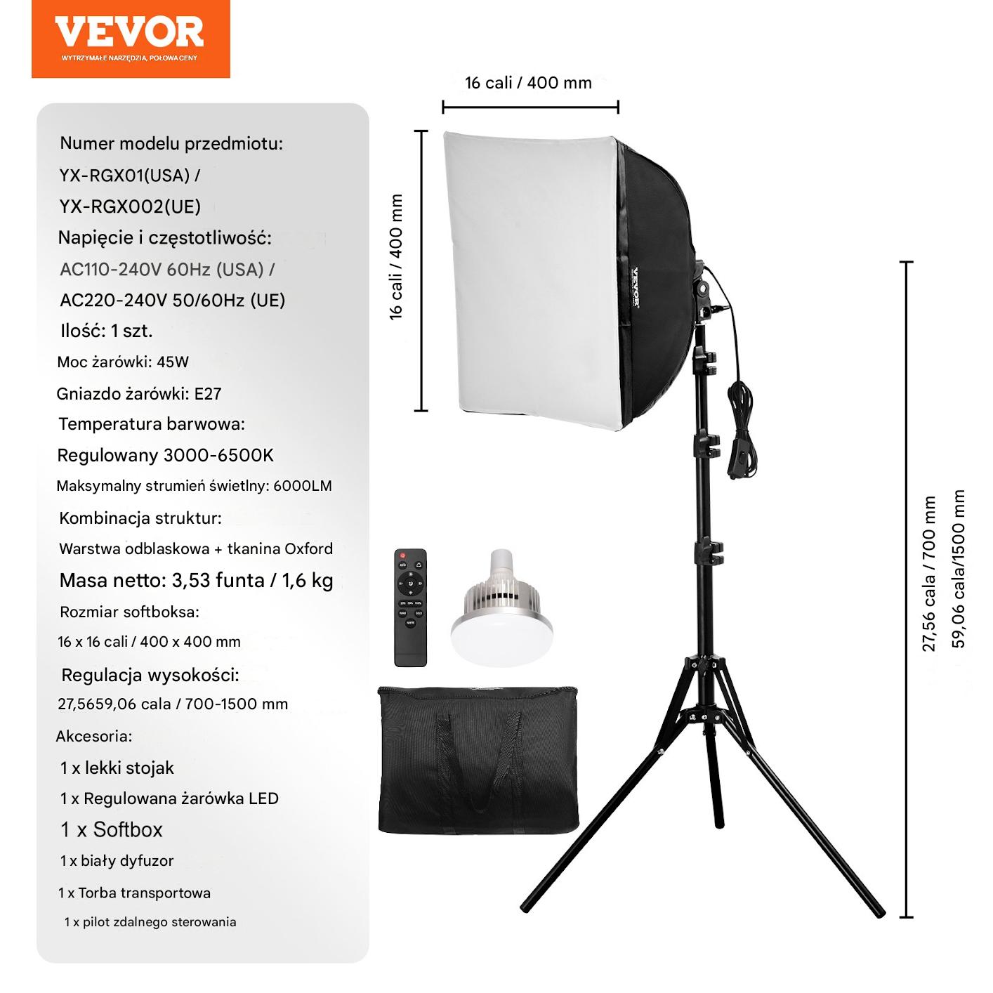 Lampa studyjna led 45W + softbox 40x40cm + statyw + futerał - obrazek 2