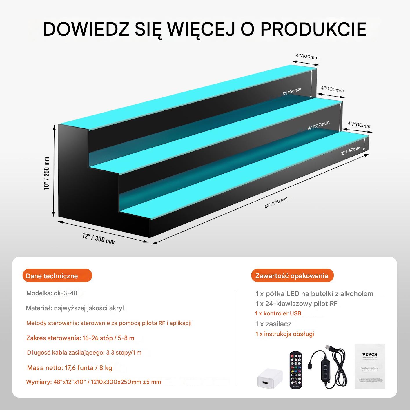 Podświetlana Półka na Butelki LED 121 cm Zdalne Sterowanie - obrazek 2