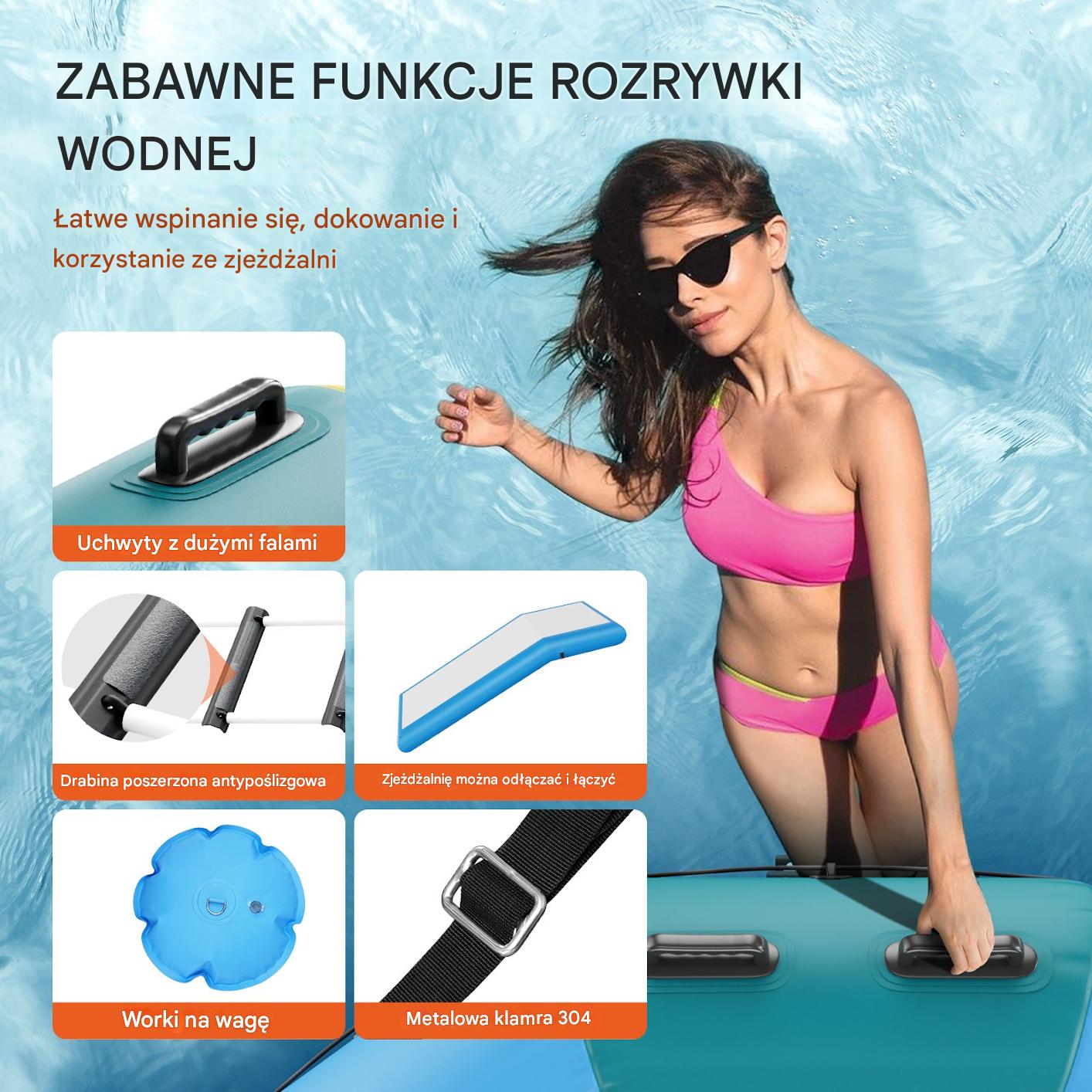 Trampolina wodna dmuchana 3,05 m ze zjeżdżalnią i drabinką, 185 kg, PVC - obrazek 5
