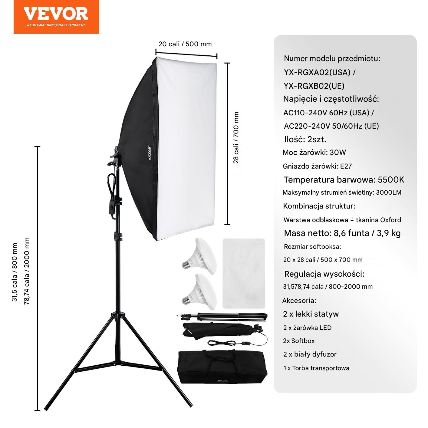 Zestaw 2 x lampa studyjna led 30W + softbox 50x70cm + statyw + futerał - obrazek 2