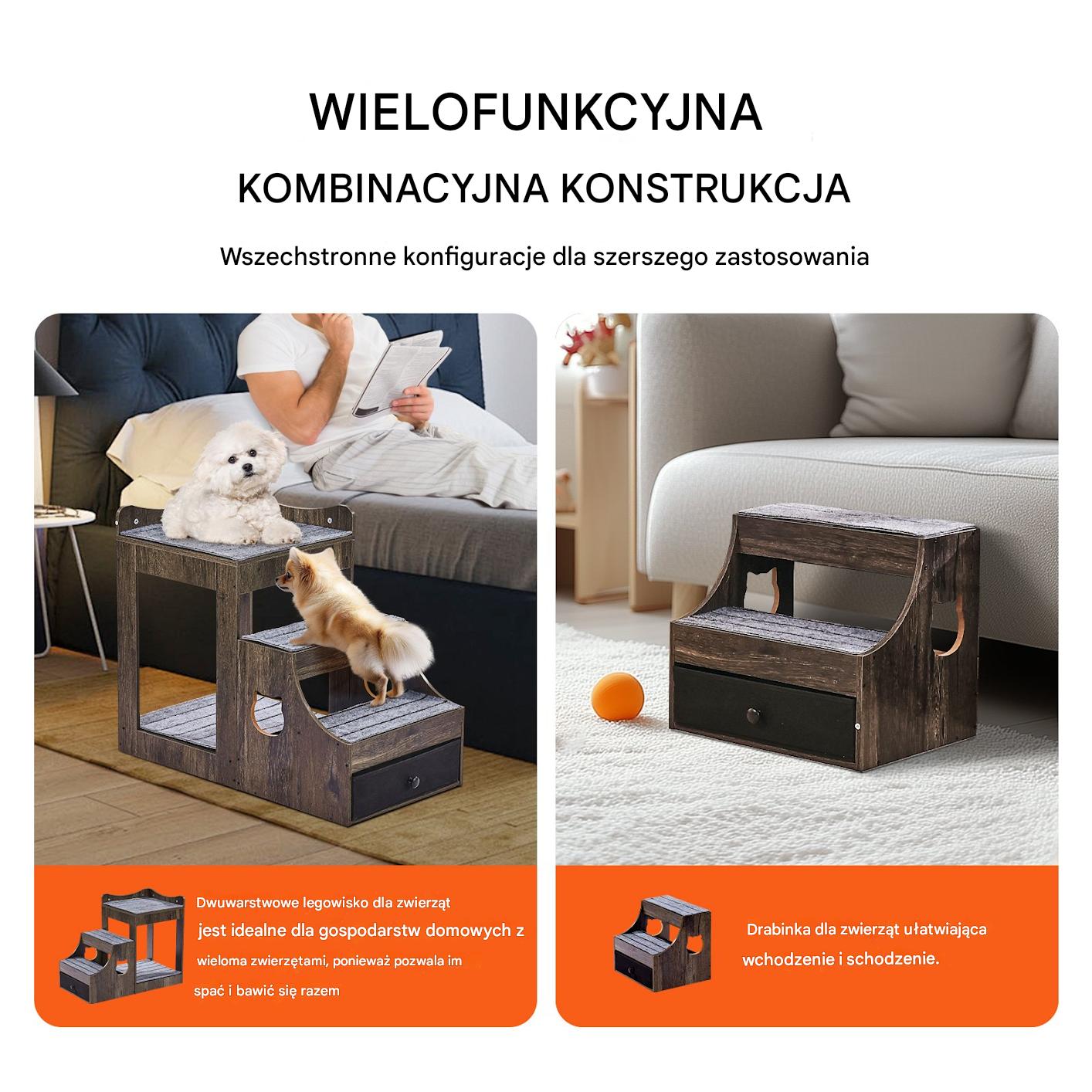 Piętrowe łóżko dla psa szare 83x45cm z schodami i schowkiem ochrona stawów - obrazek 3