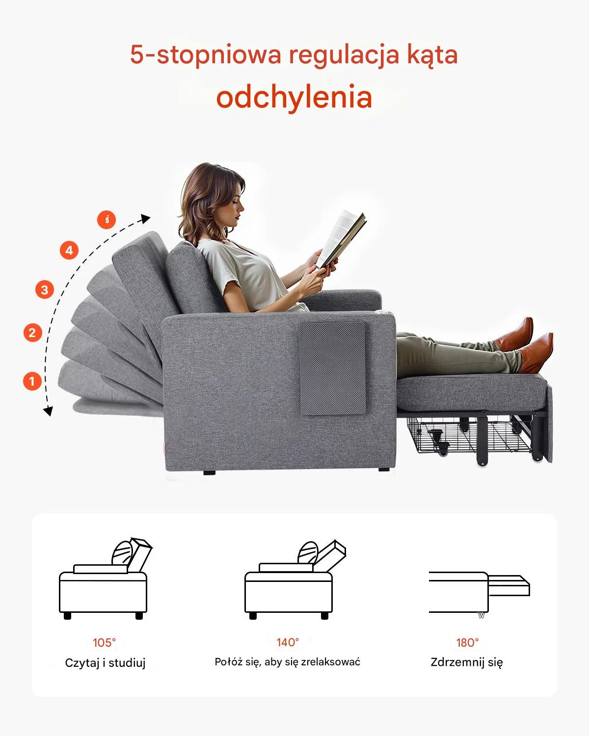 Sofa rozkładana 1-osobowa szara z pojemnikiem i regulowanym oparciem - obrazek 3