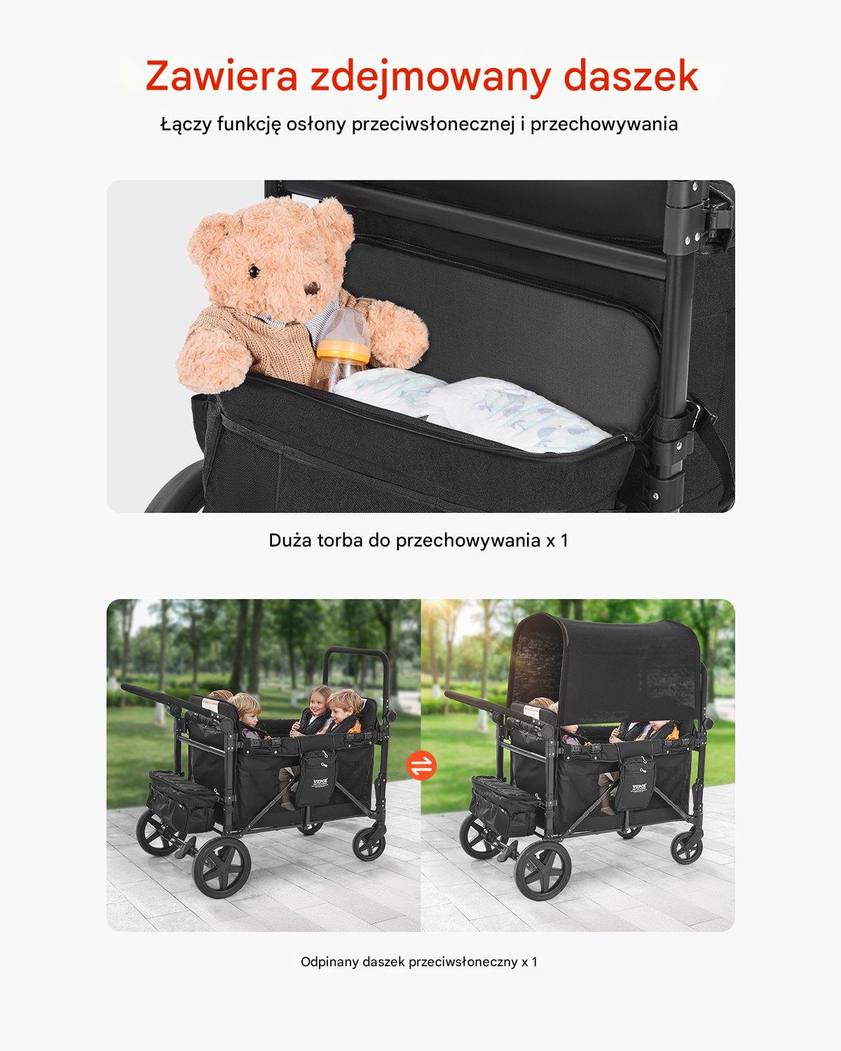 Wózek Wagon dla 4 Dzieci – Wielofunkcyjność Amortyzacja Daszek - obrazek 5