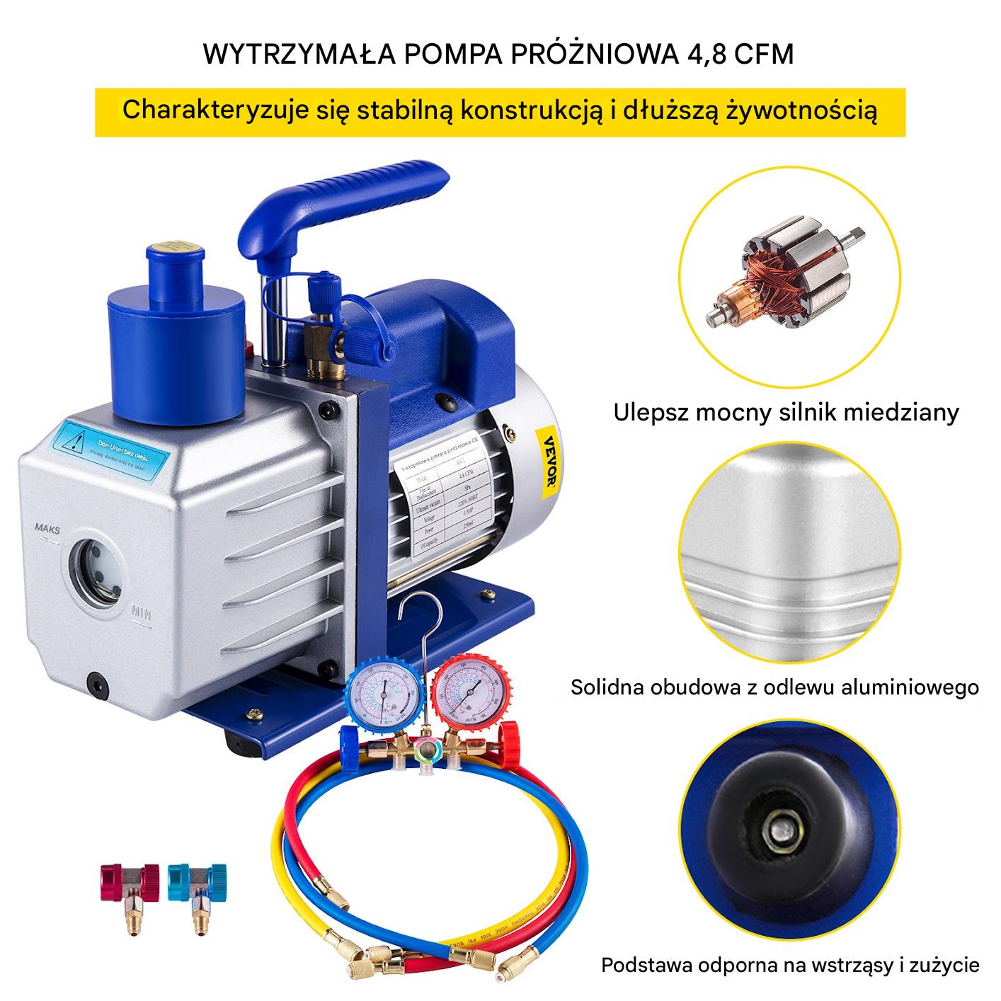 Pompa próżniowa HVAC 4,8CFM 283L/min zestaw manometrów AC - obrazek 6
