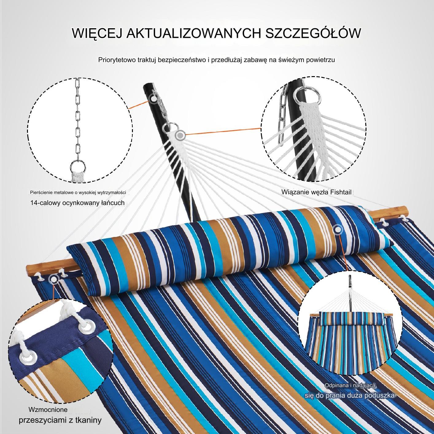 Hamak ogrodowy ze stelażem i drążkiem duży mocny dwuosobowy kolorowy - obrazek 5